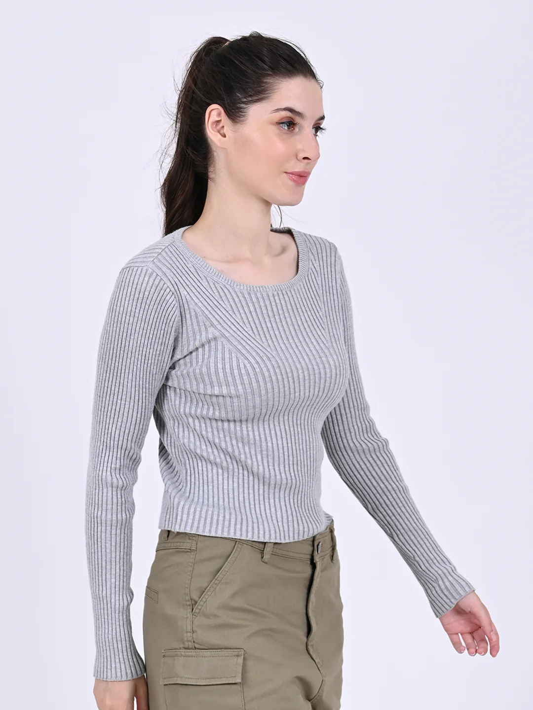 Women Grey Ribbed Top - Image 3