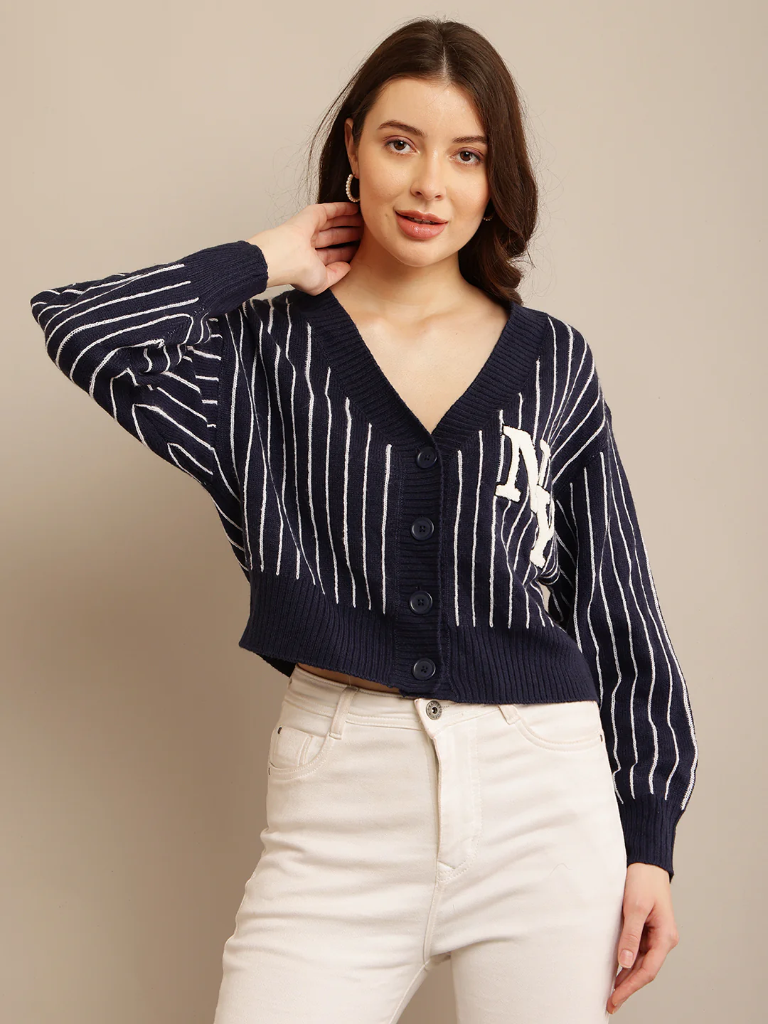 Women Dark Blue Striped Cardigan - Image 4