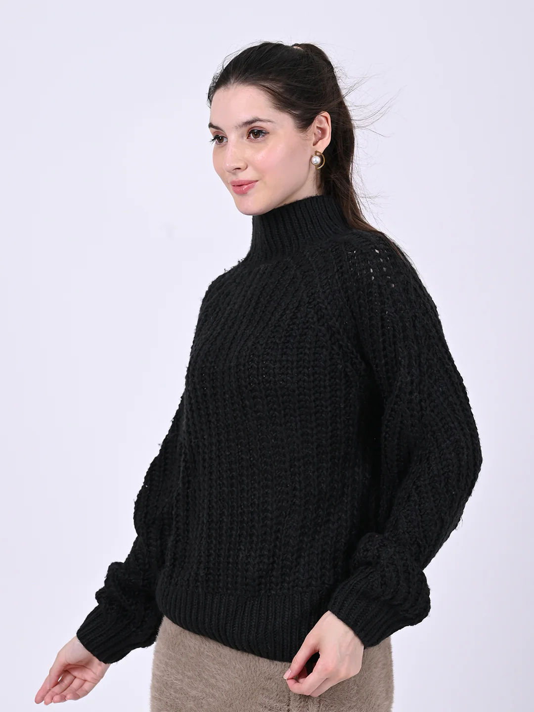 Women Black Turtleneck Sweater - Image 3