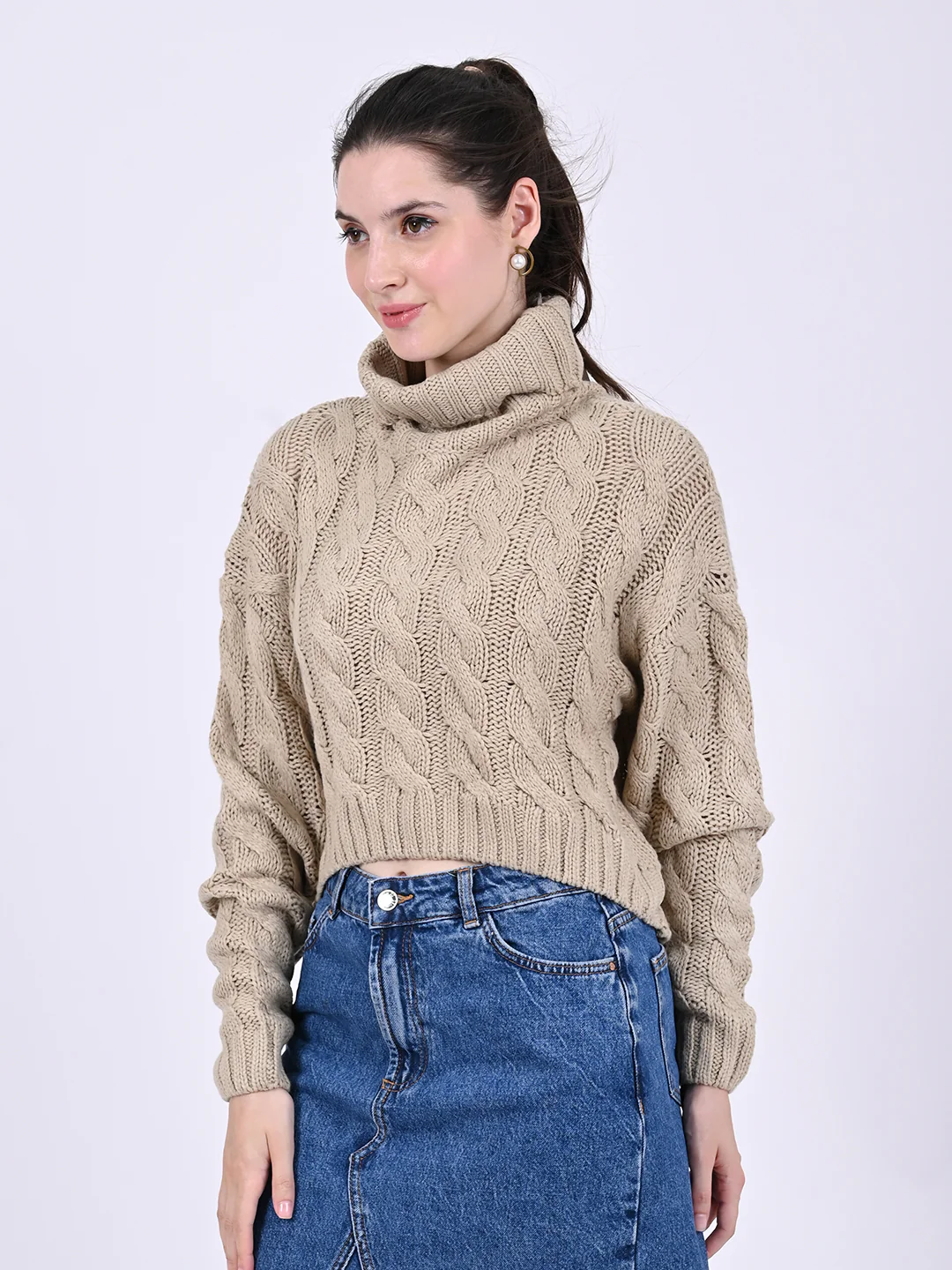 Women Lt Brown Cable Knit - Image 2
