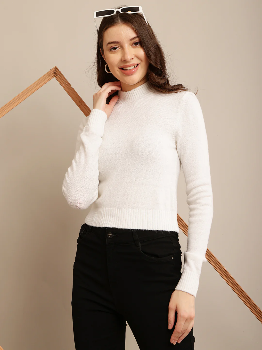 Women Off-White Stretch Sweater - Image 2