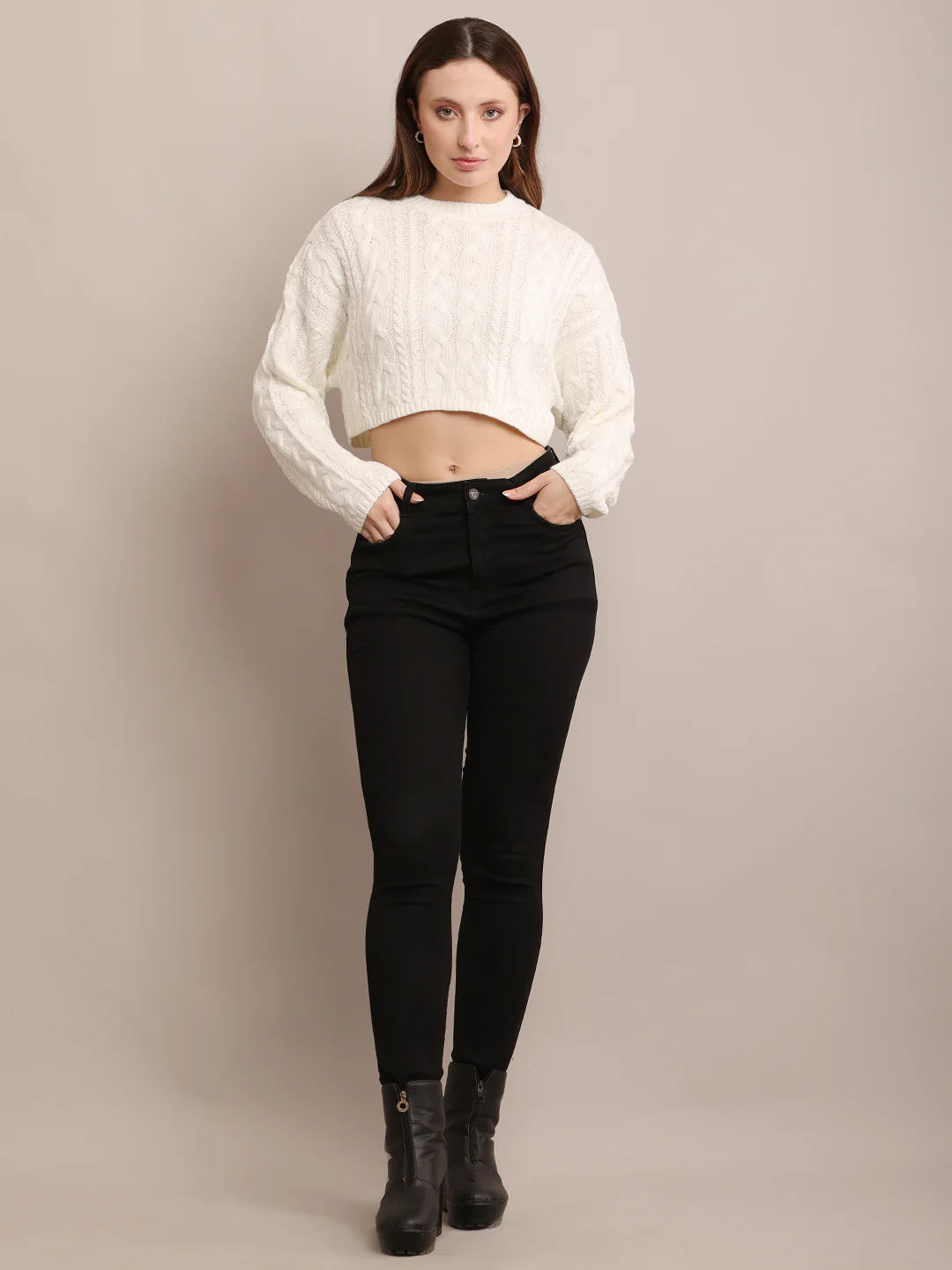 Women Acrylic Cropped Off-White Sweater - Image 3