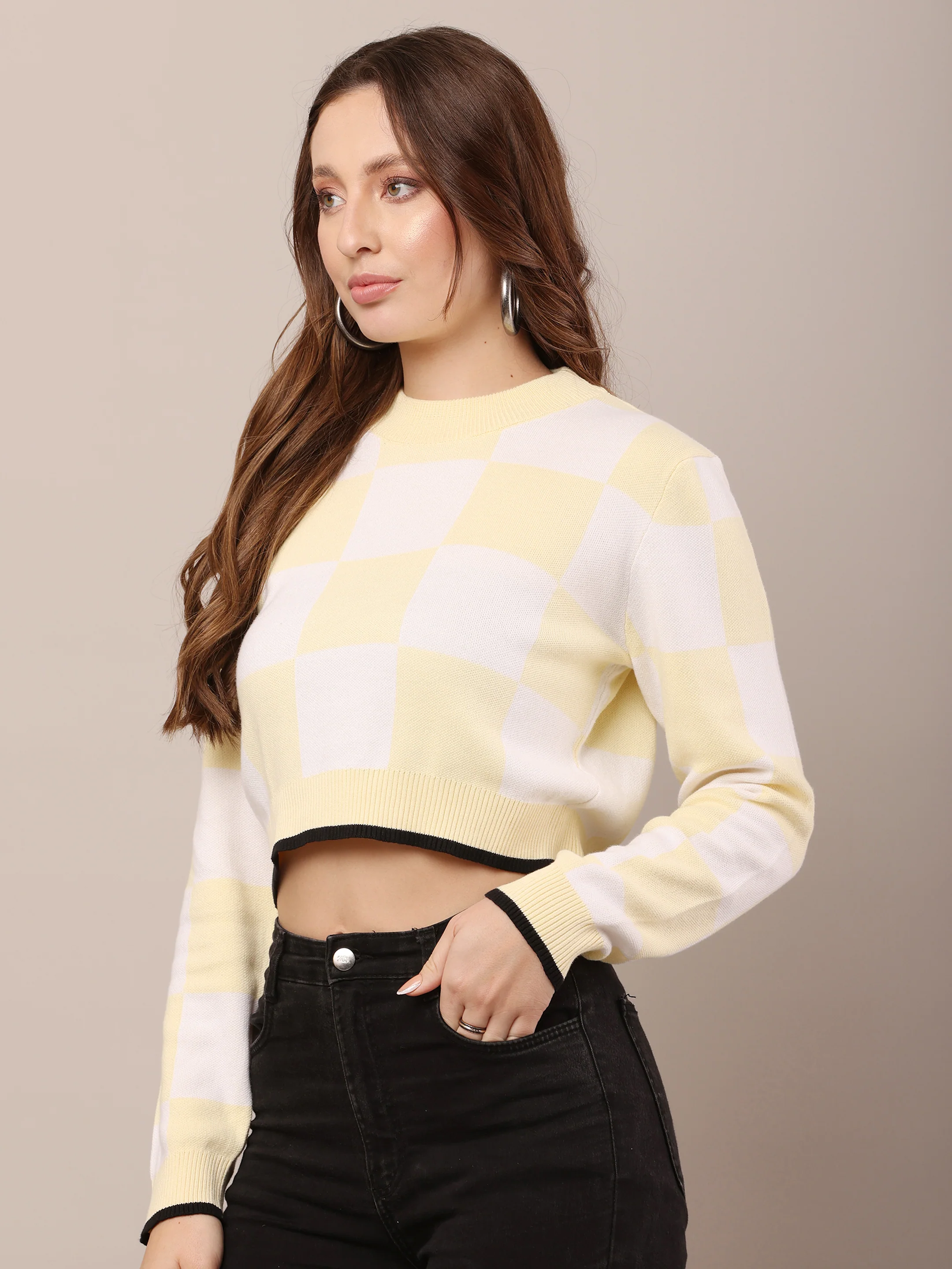 Women Acrylic White & Yellow Checks Sweater - Image 2