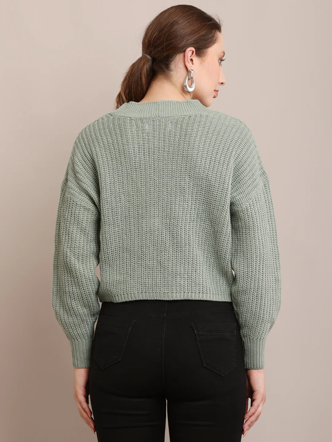Women Acrylic Full Sleeve Light Sea Green Cardigan - Image 4