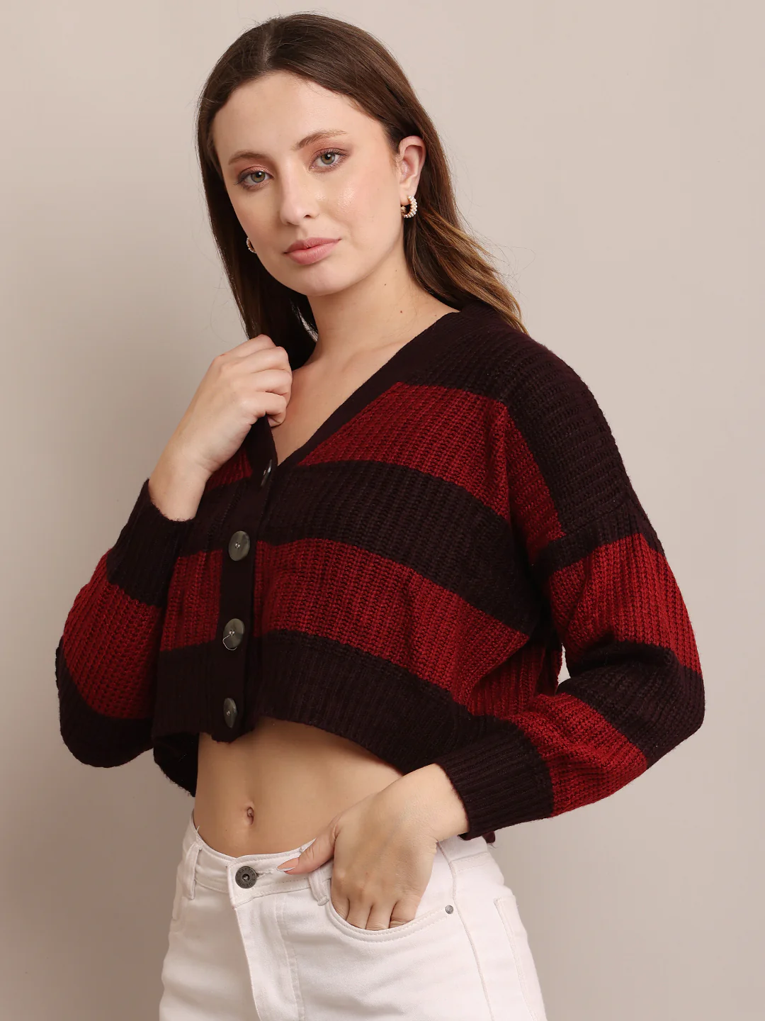 Women Acrylic Cropped Maroon Cardigan - Image 2