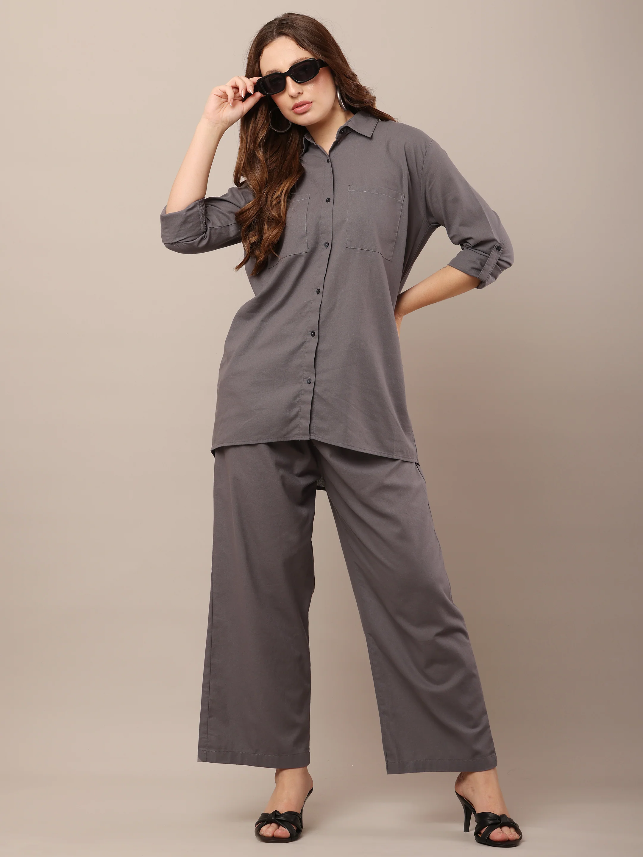 Women Shirt With Trouser Grey Co-Ord Set - Image 3