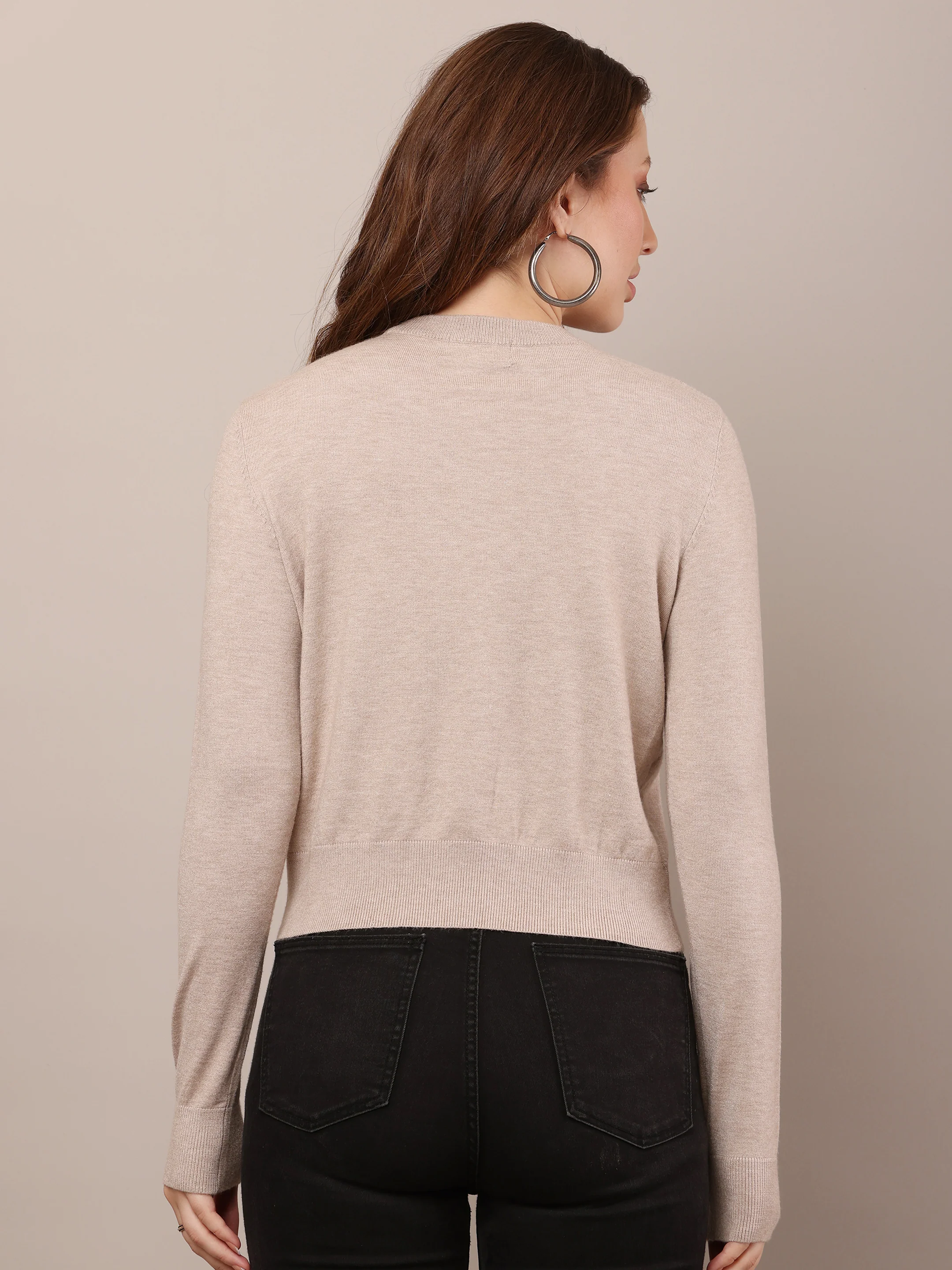 Women Cotton Cropped Beige Sweater - Image 4