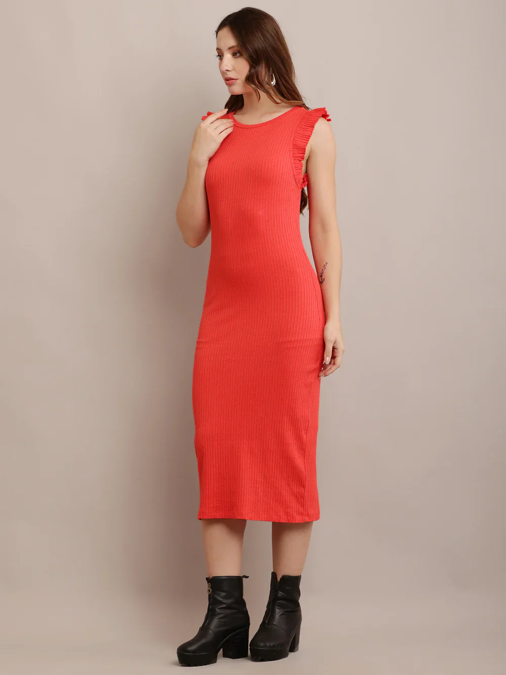 Women Cotton Ribbed Sheath Midi Dress - Image 4