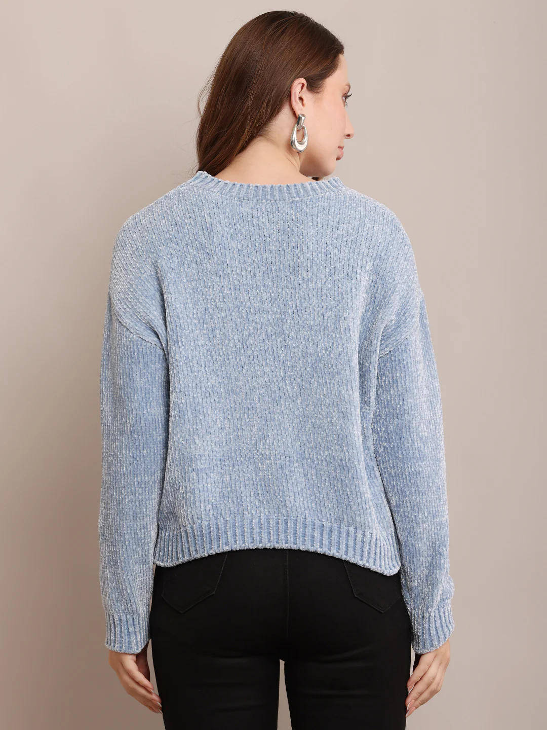 Women Polyester Round Neck Blue Sweater - Image 4