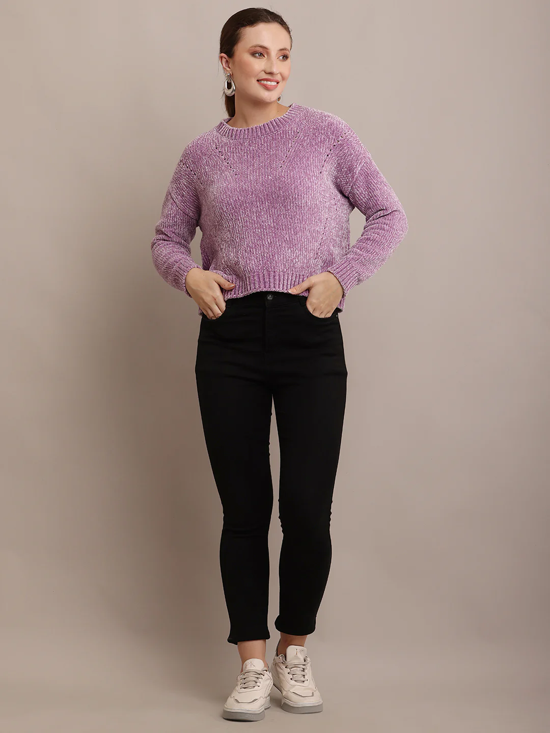 Women Polyester Round Neck Purple Sweater - Image 3