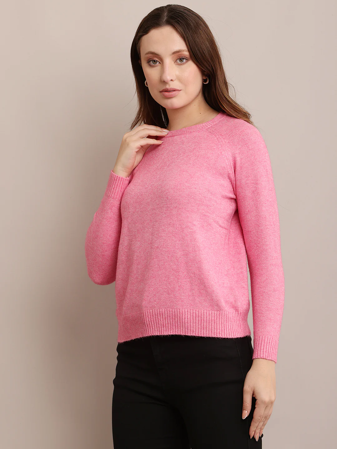 Women Polyester Full Sleeves Pink Sweater - Image 2