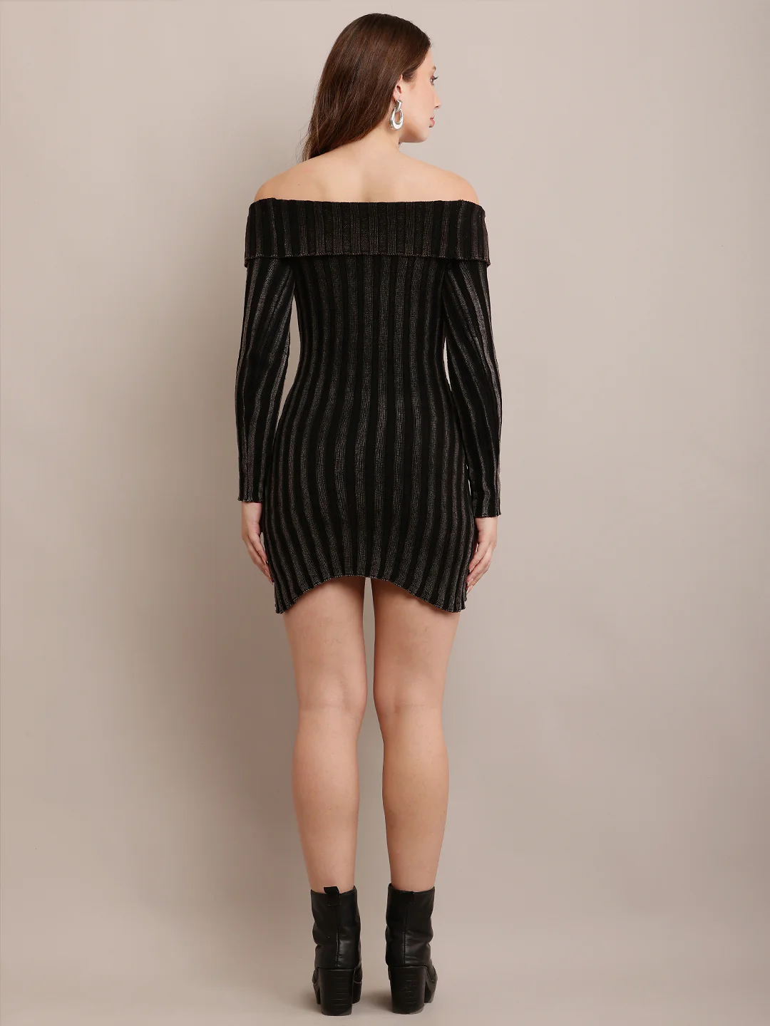 Women Black Off-shoulder Rib-Knit Mini Bodycon Dress - Image 4