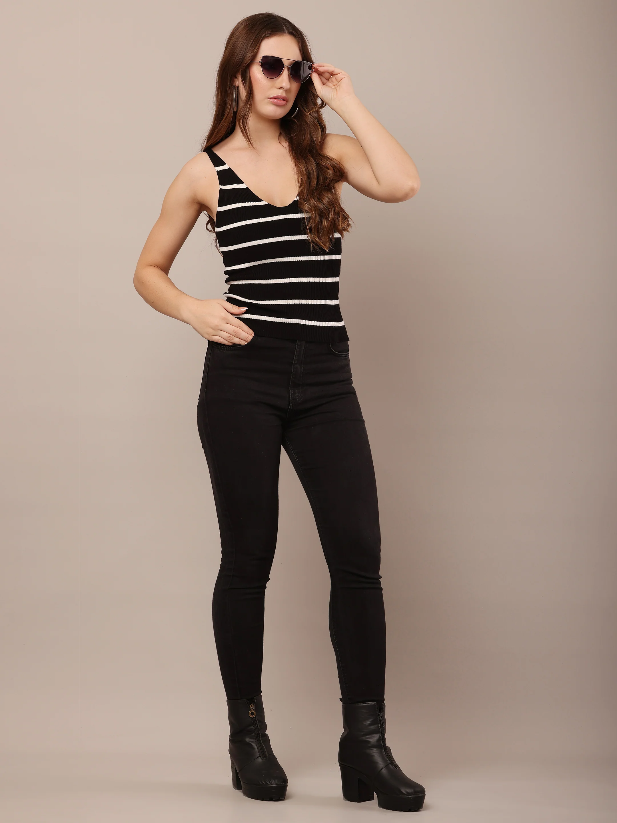Women Viscose Sleeveless Black & White Stripe Top - Image 3