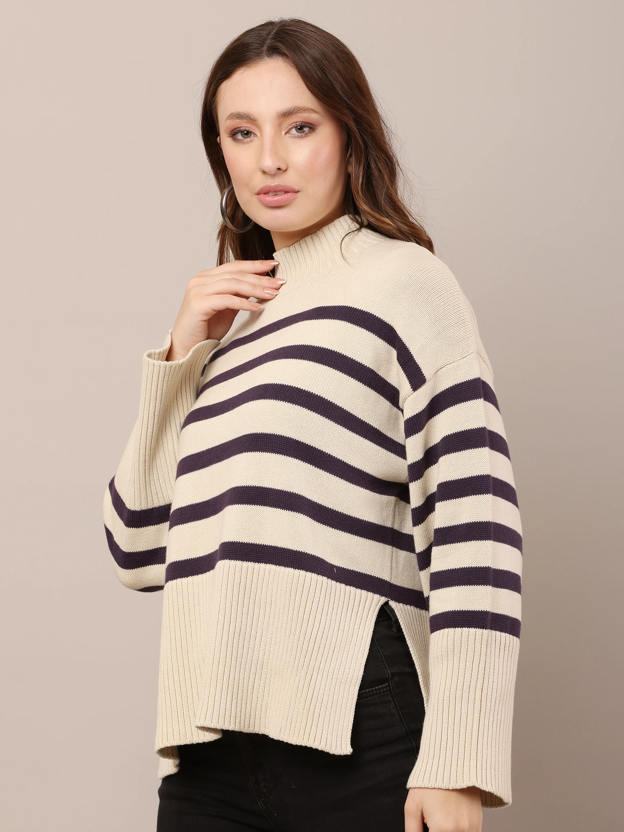 Women Cotto Drop Shoulder Rib Cream Sweater - Image 2