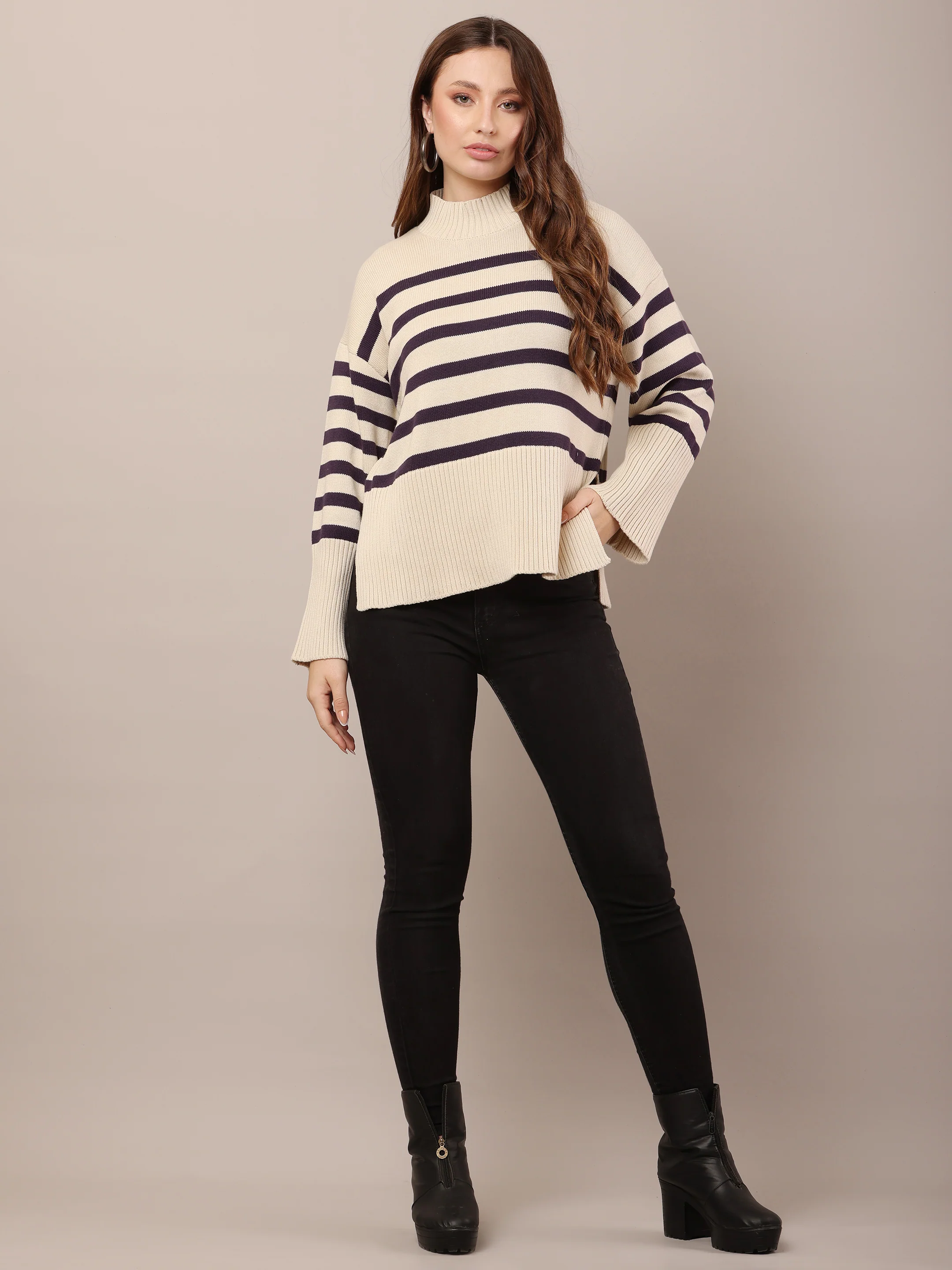 Women Cotto Drop Shoulder Rib Cream Sweater - Image 3