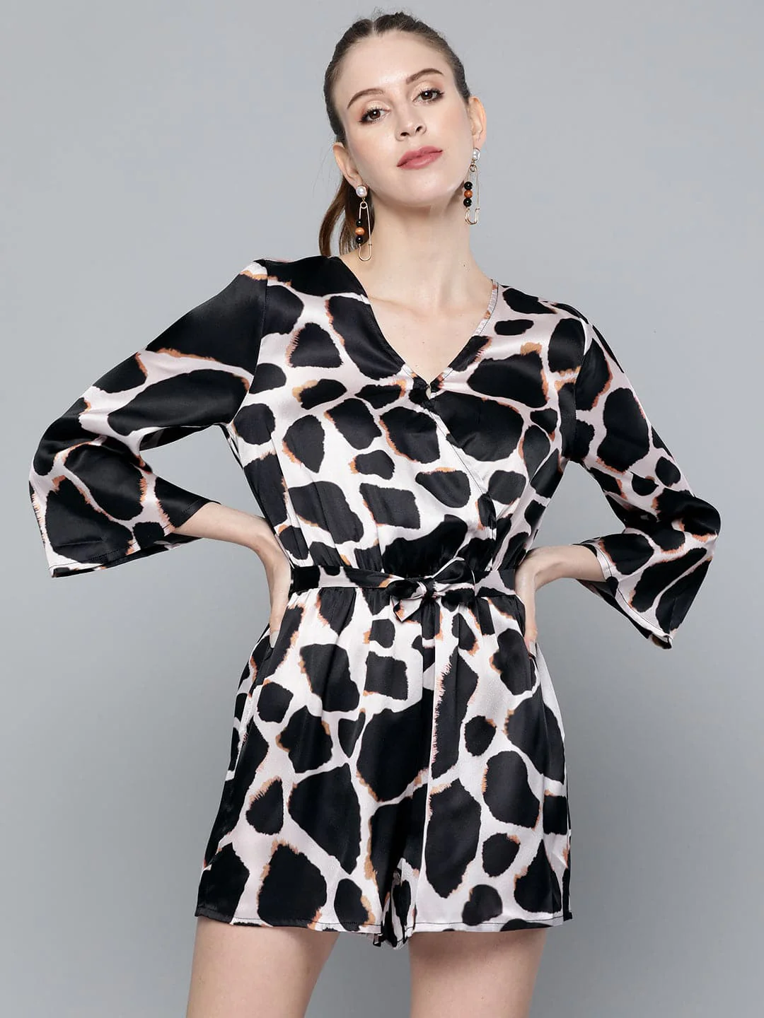 Women Nude Animal Print Satin Romper