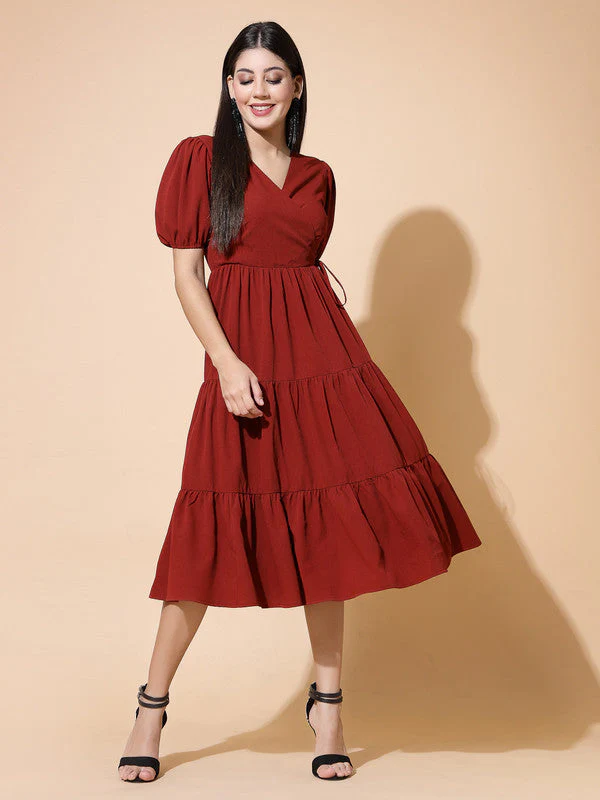Women Rust Odour Control V Neck Midi Dress