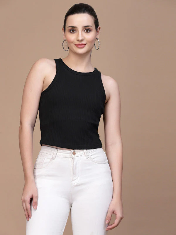 Women Sleeveless Round Neck Crop Top