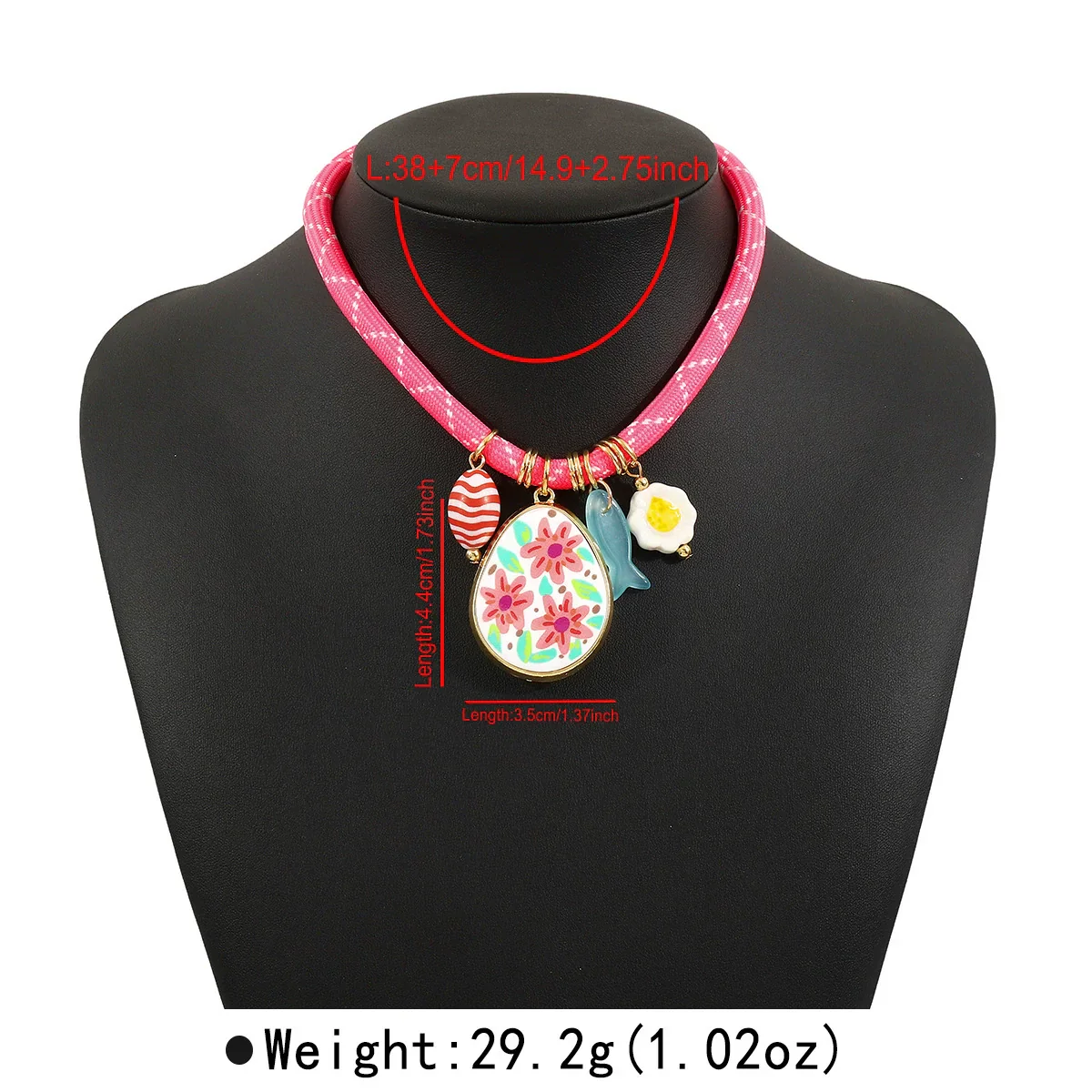 Playful Charm Pendant Necklace Pink Rope Chain With Floral Egg Bird And Whimsical Dangle Accents
