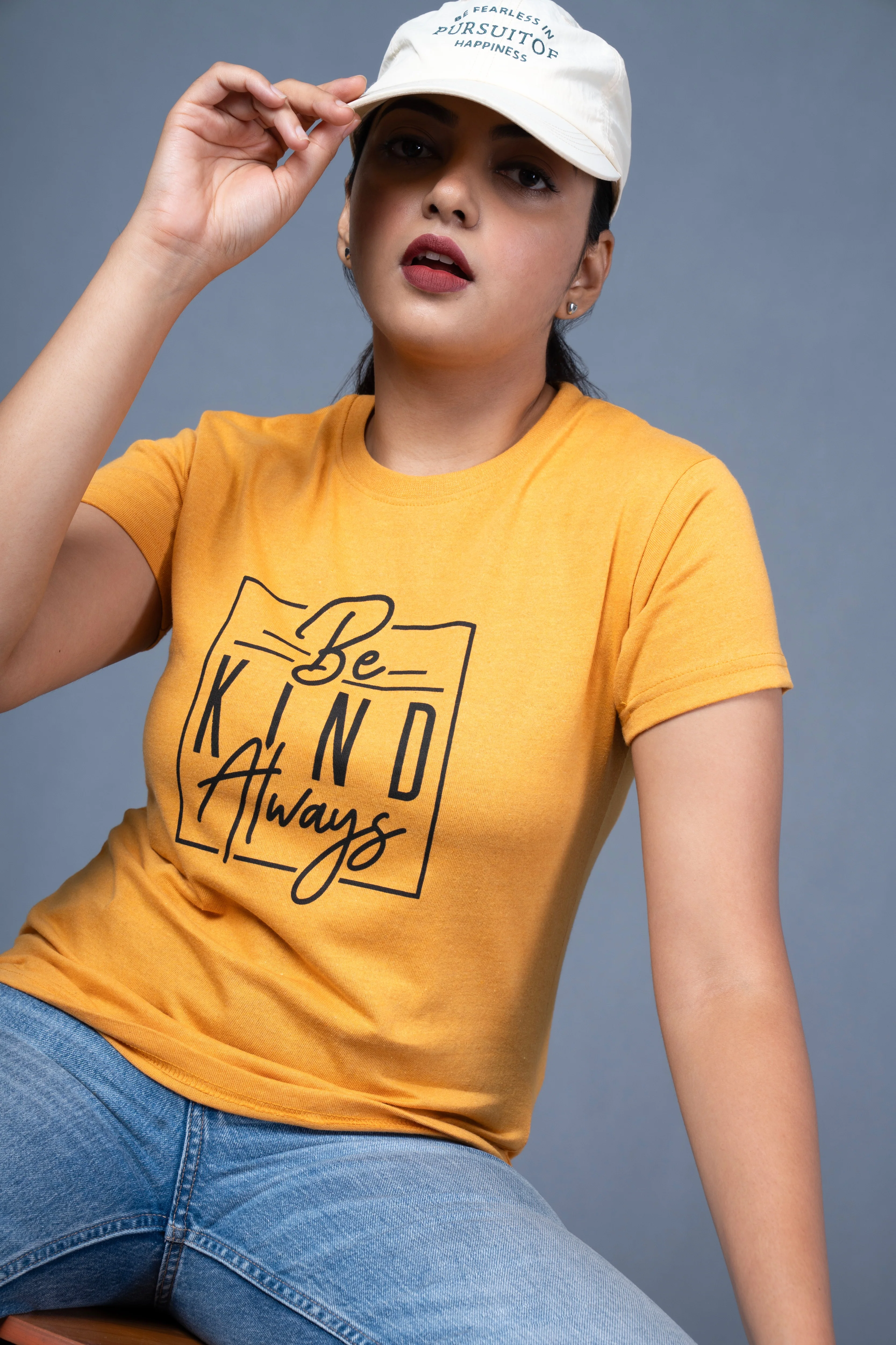 Women Yellow Printed Cotton Regular T-Shirt