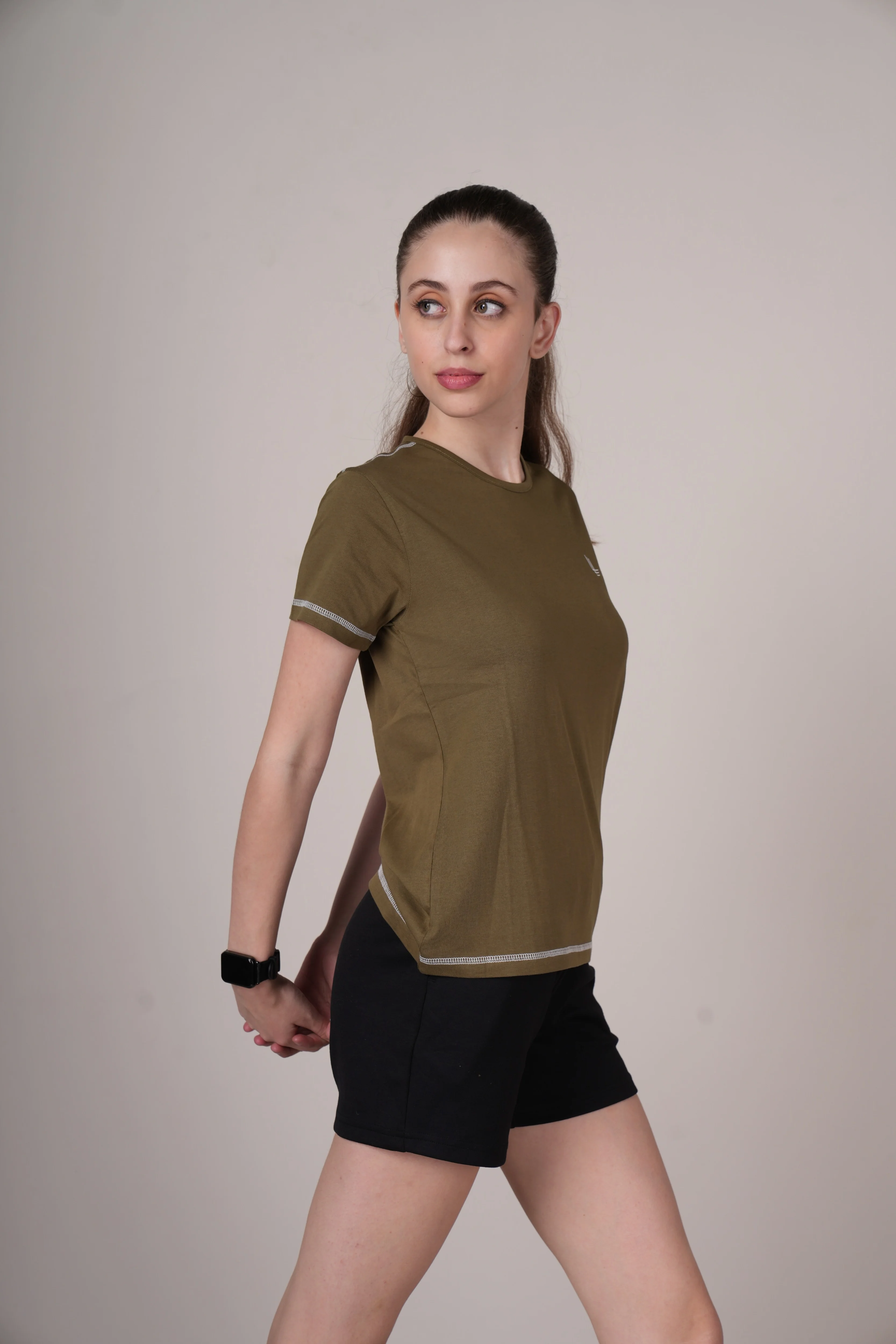 Women Olive Cotton Regular T-Shirt - Image 9