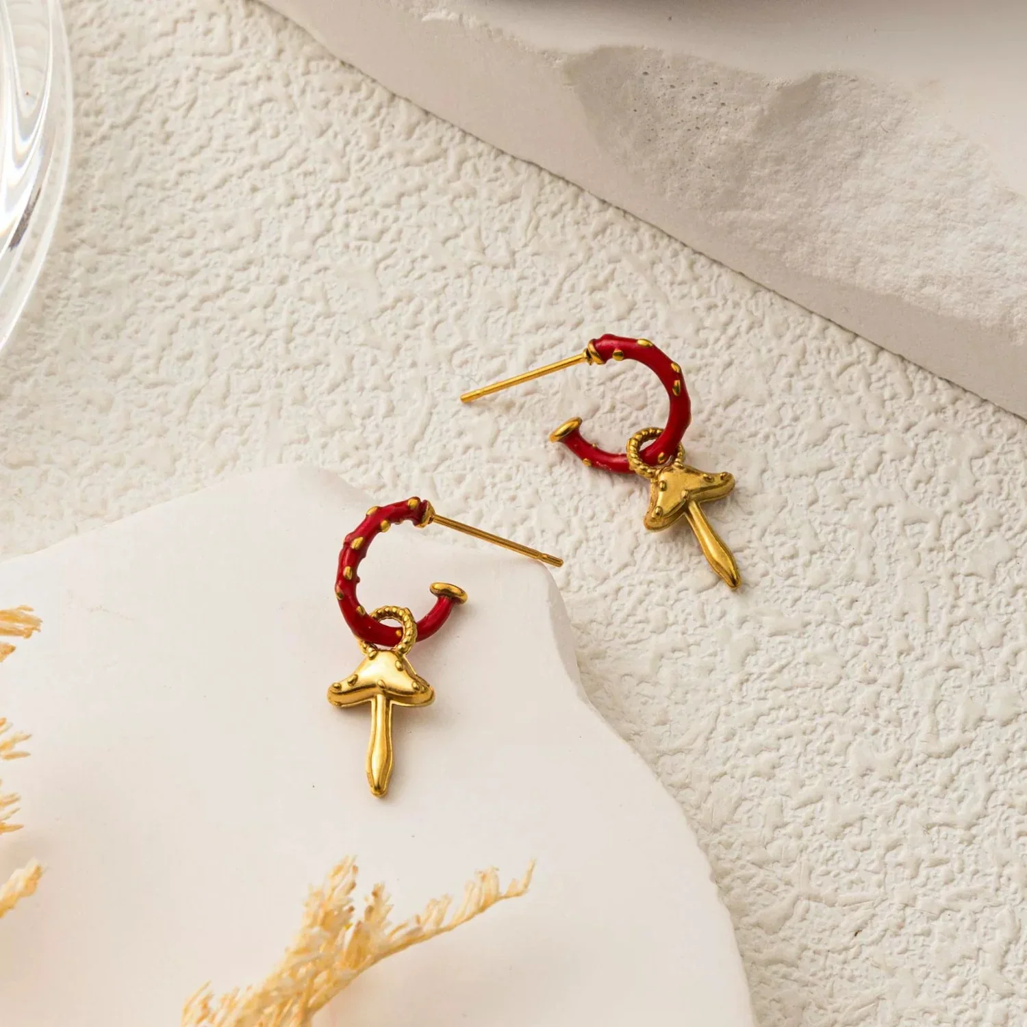 Red Enamel Mushroom Hoop Drops