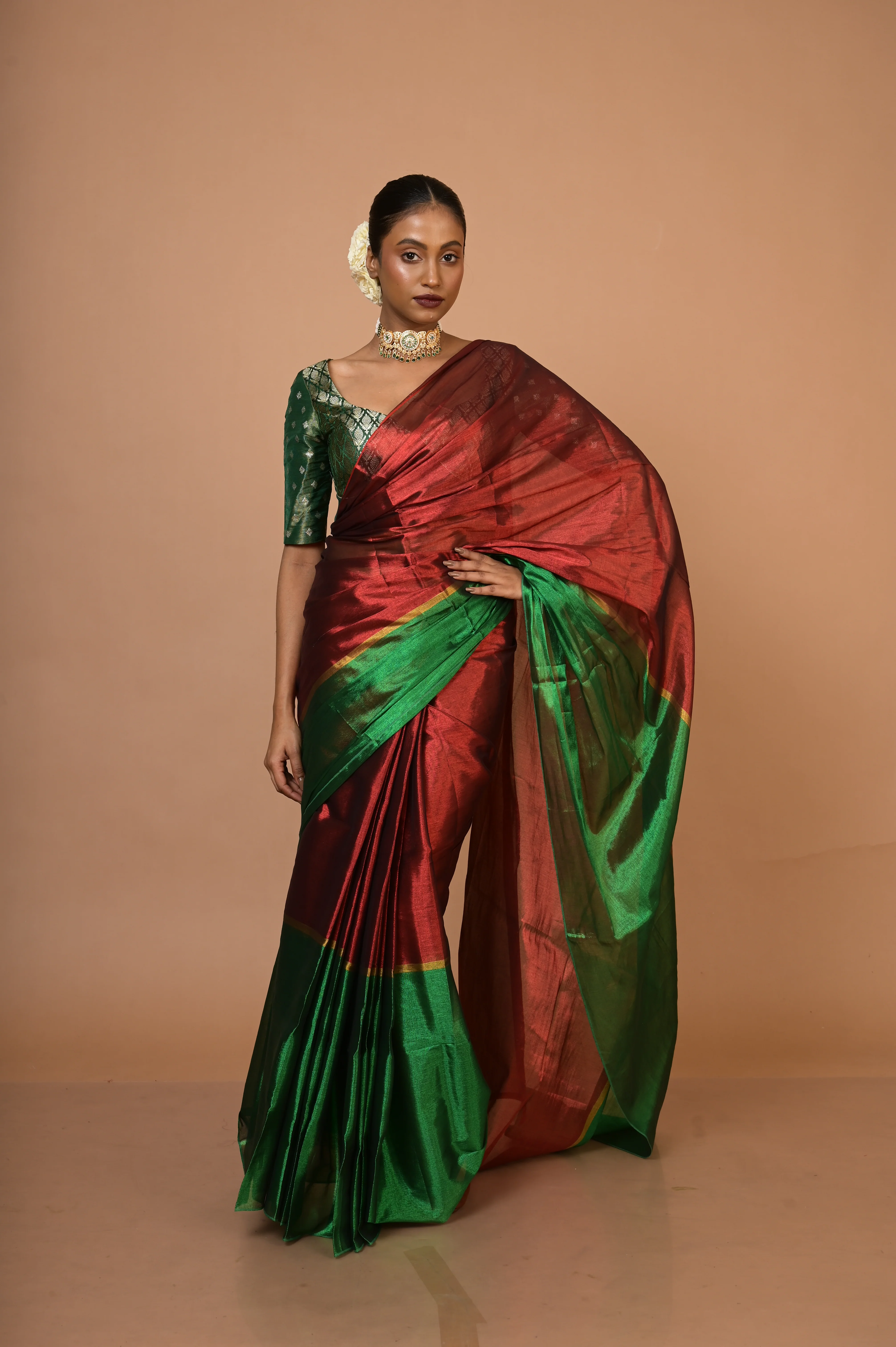 Sampriti Red and Green Handloom Tissue saree