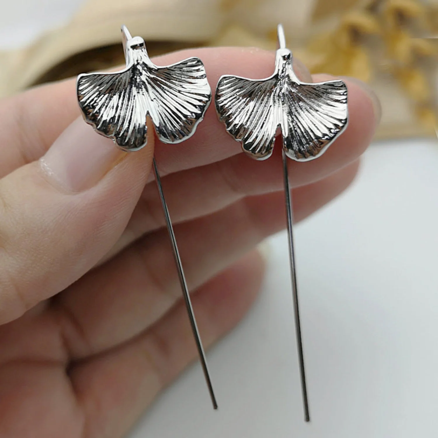 Silver Ginkgo Leaf Drop Earring