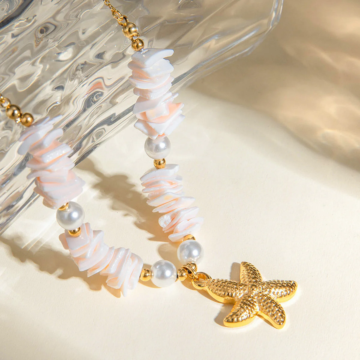 Star Fish Drop Pendent White Stone Gold Necklace