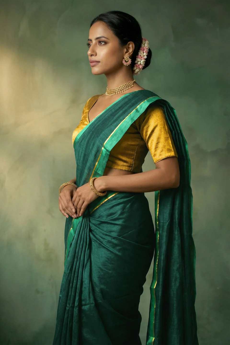 Tanuka Bottle Green Handwoven Cotton Saree - Image 2