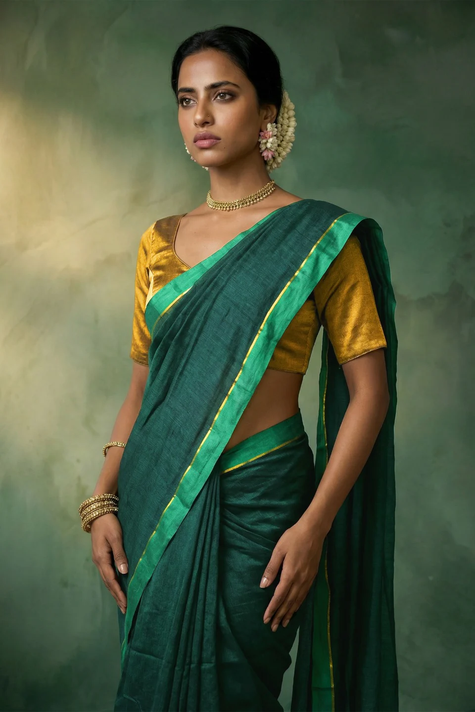 Tanuka Bottle Green Handwoven Cotton Saree - Image 3