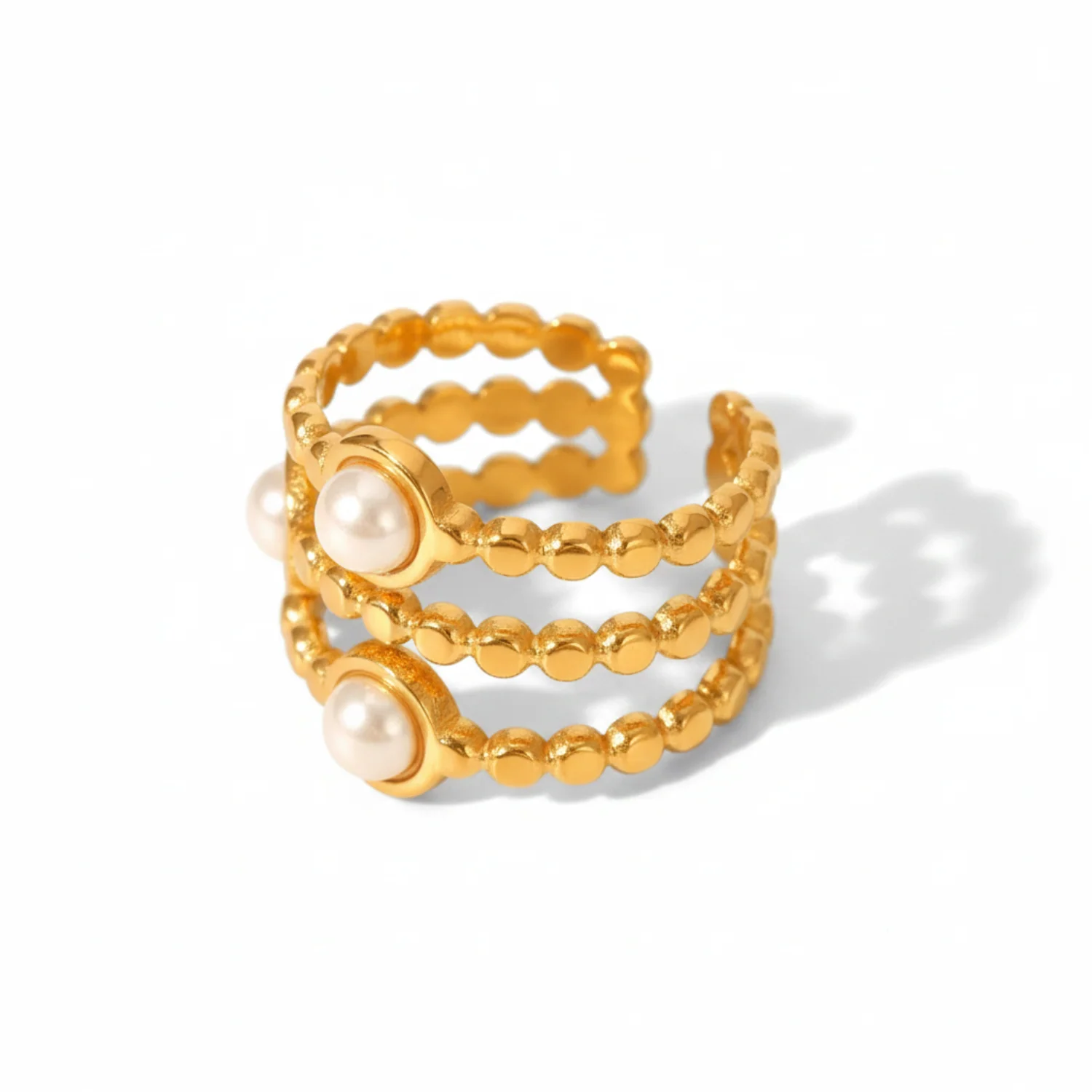 Triple-Band Beaded Gold Open Ring With Dual Pearls