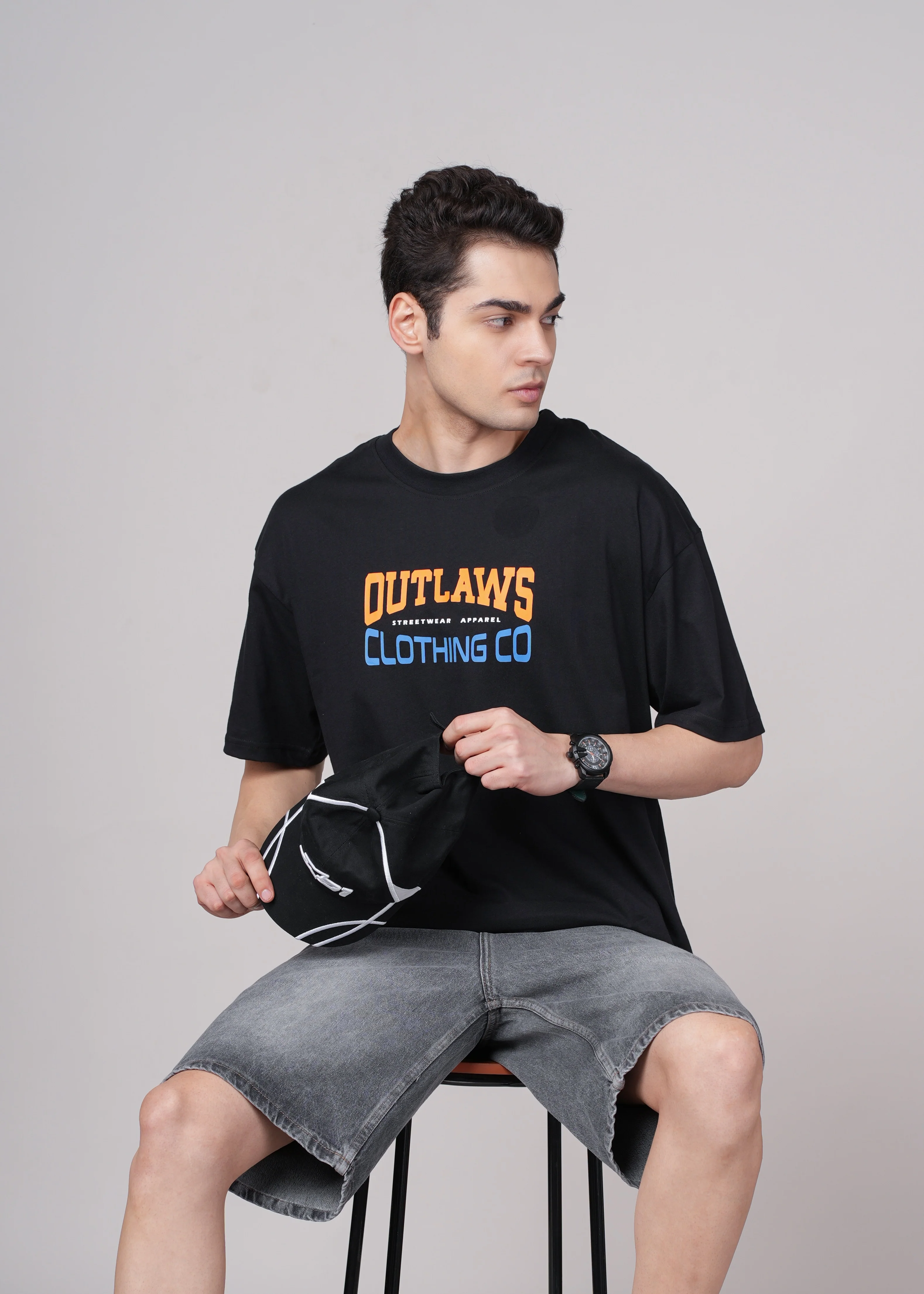 Men Black Printed Cotton Oversized T-Shirt