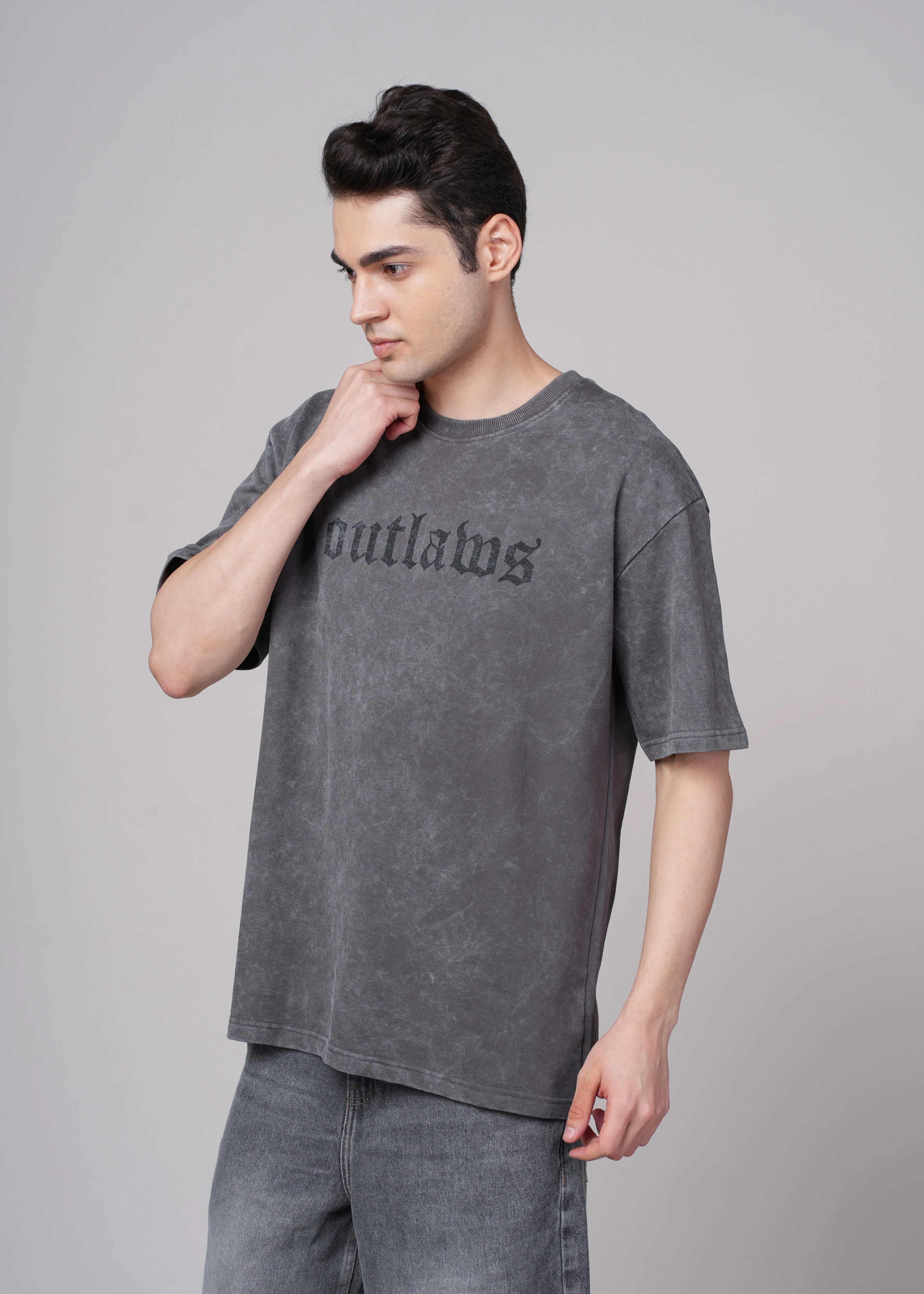 Men Grey Printed Cotton Oversized T-Shirt - Image 5