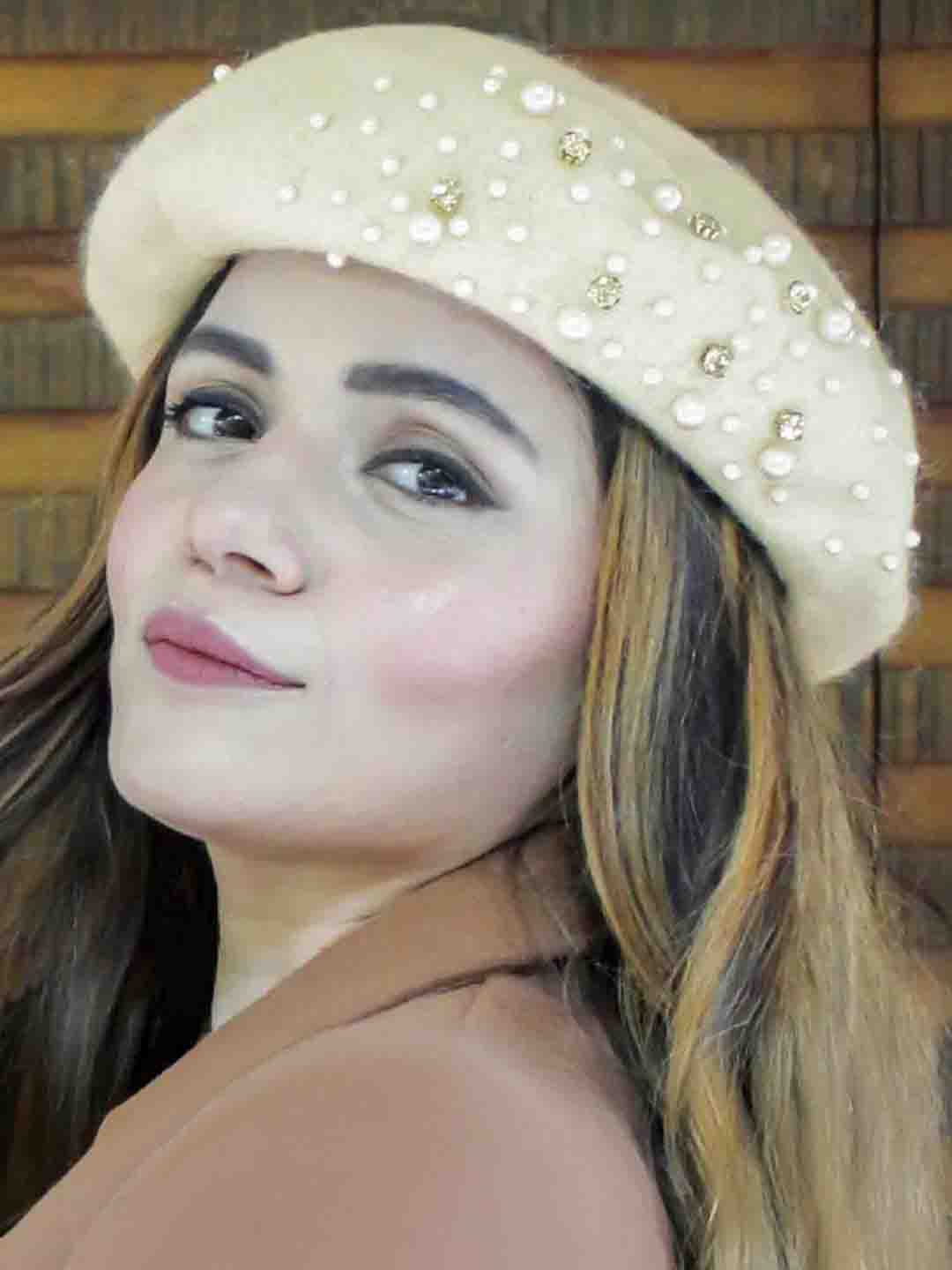 White Beret with Pearls & Crystals