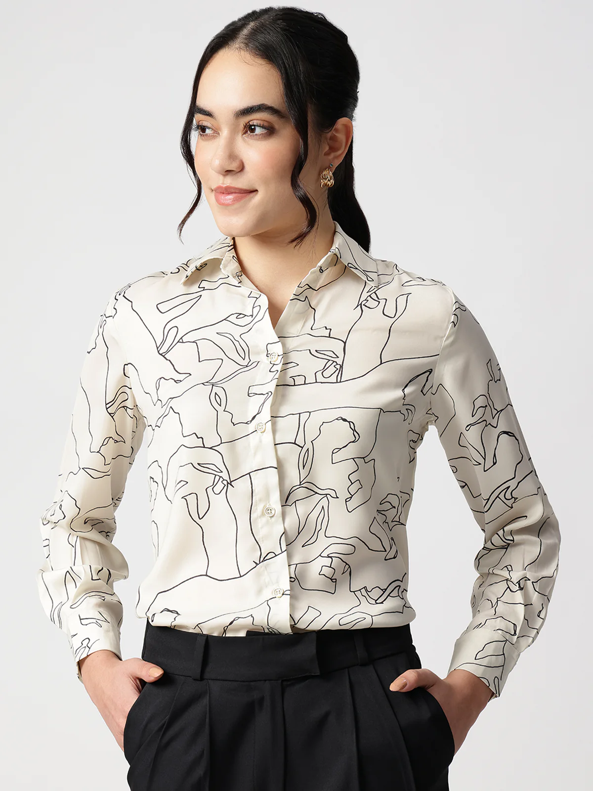 Women Abstract Beige Satin Collar Shirt