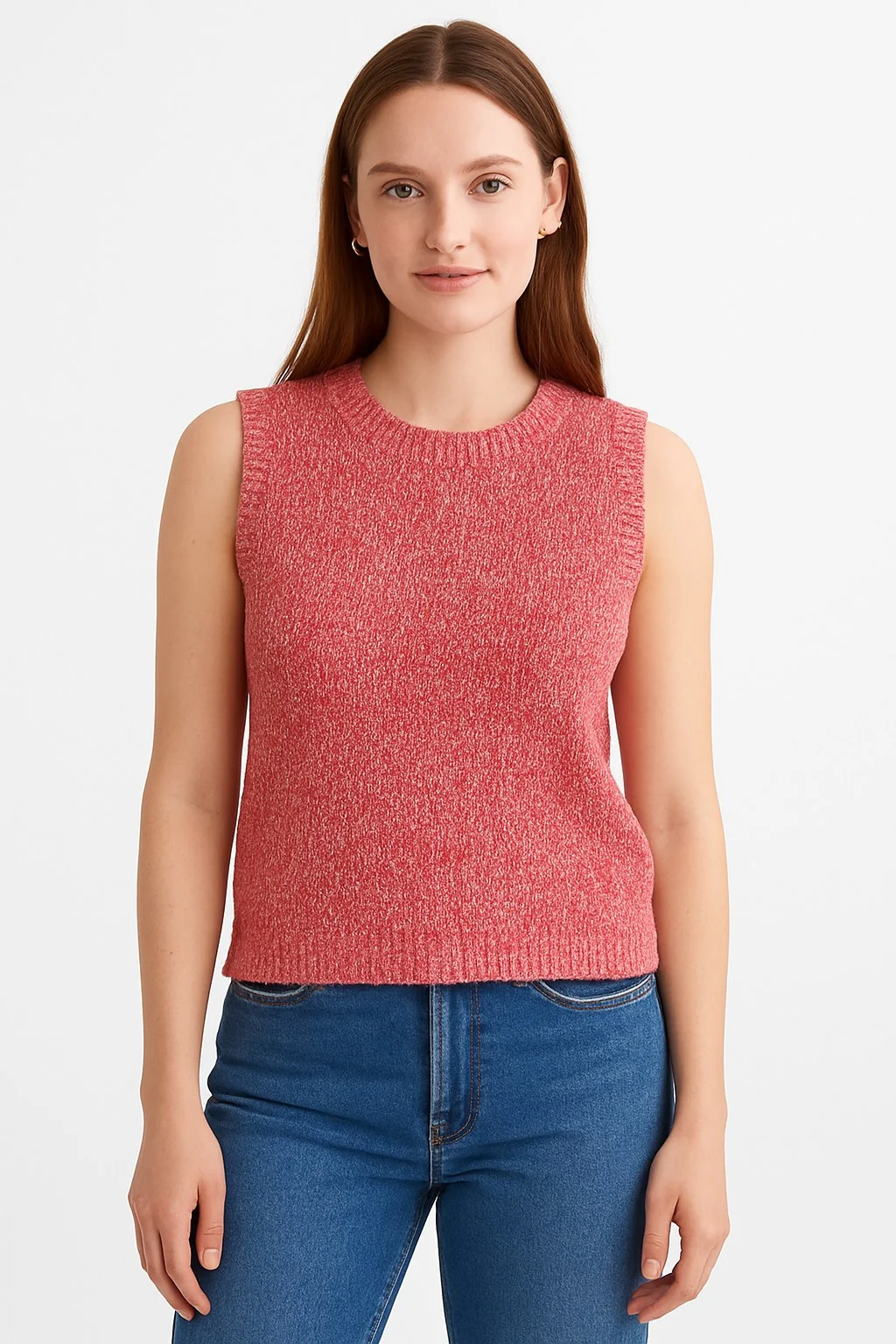 Women Acrylic Stretchable Red Sleeveless Sweater