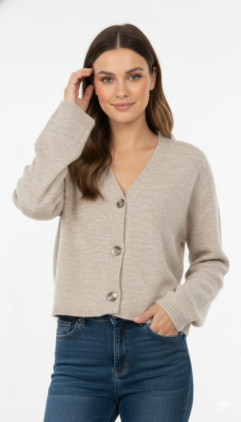 Women Beige Acrylic V-Neck Knitted Cardigan