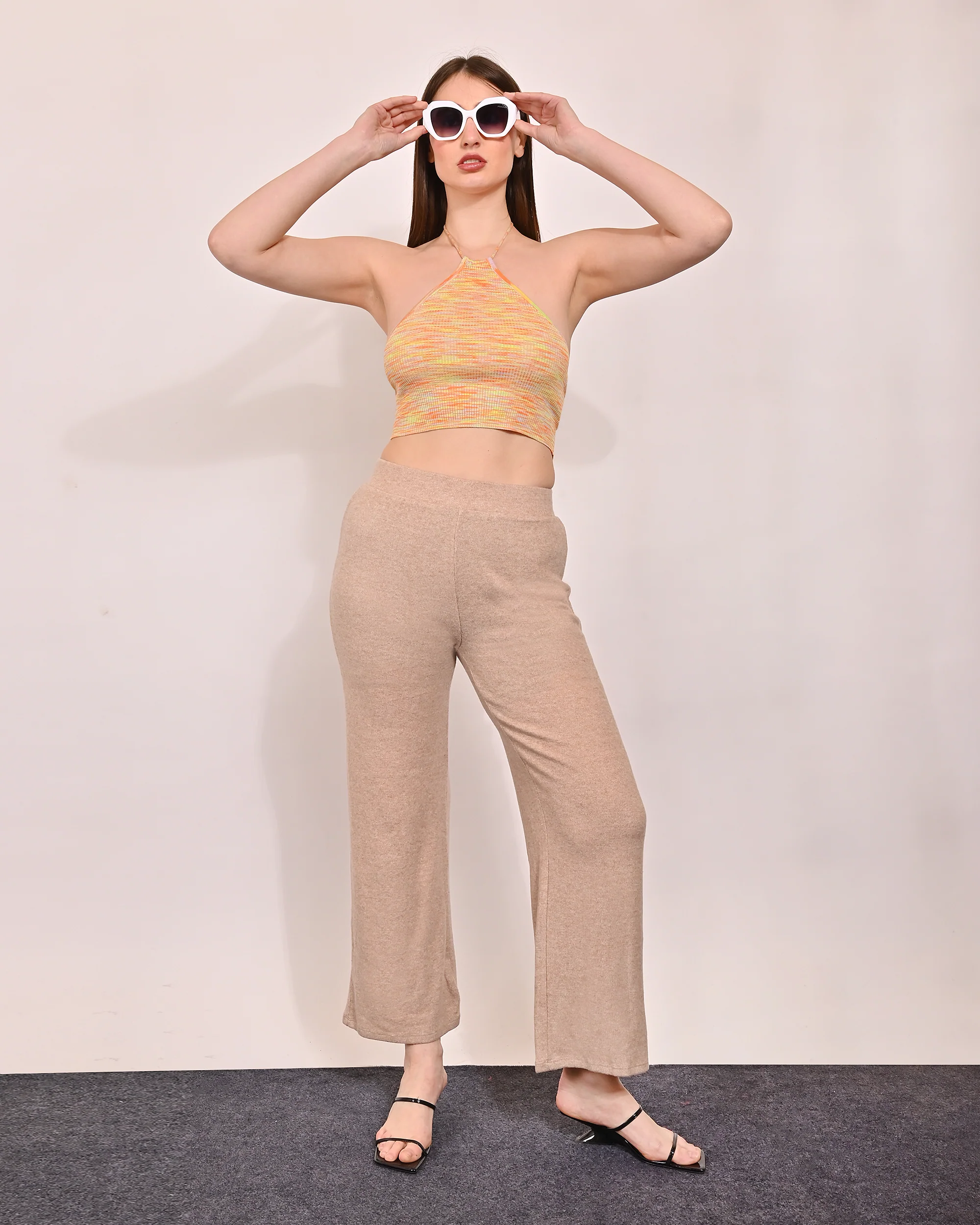 Women Beige Flared Fleece Pants - Image 3