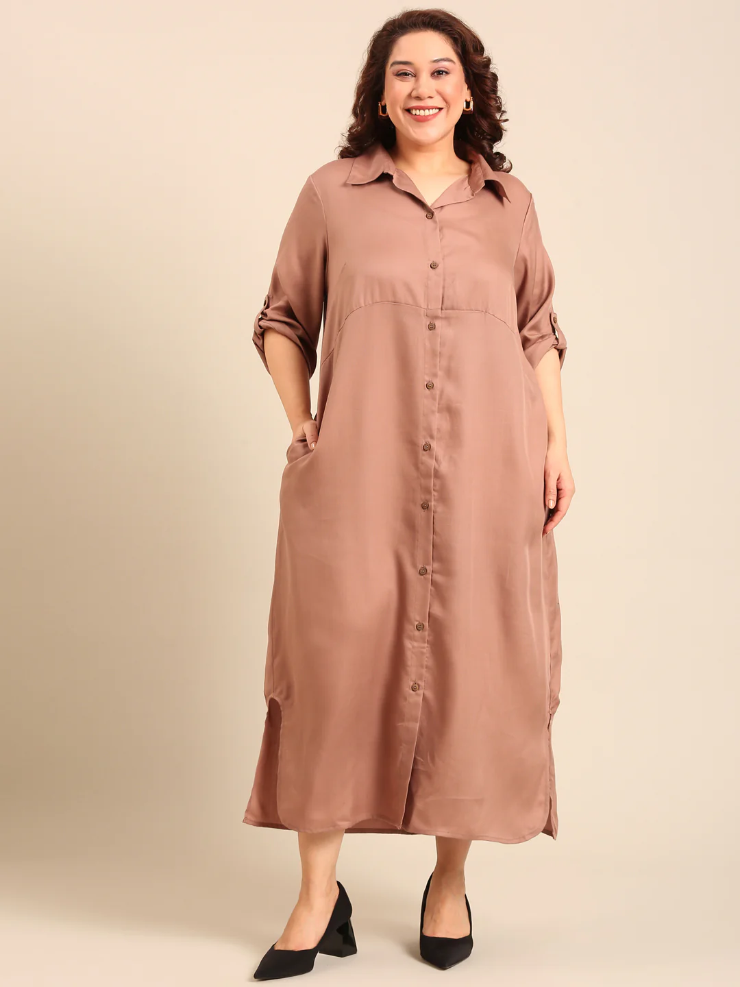 Women Beige Linen Shirt Dress