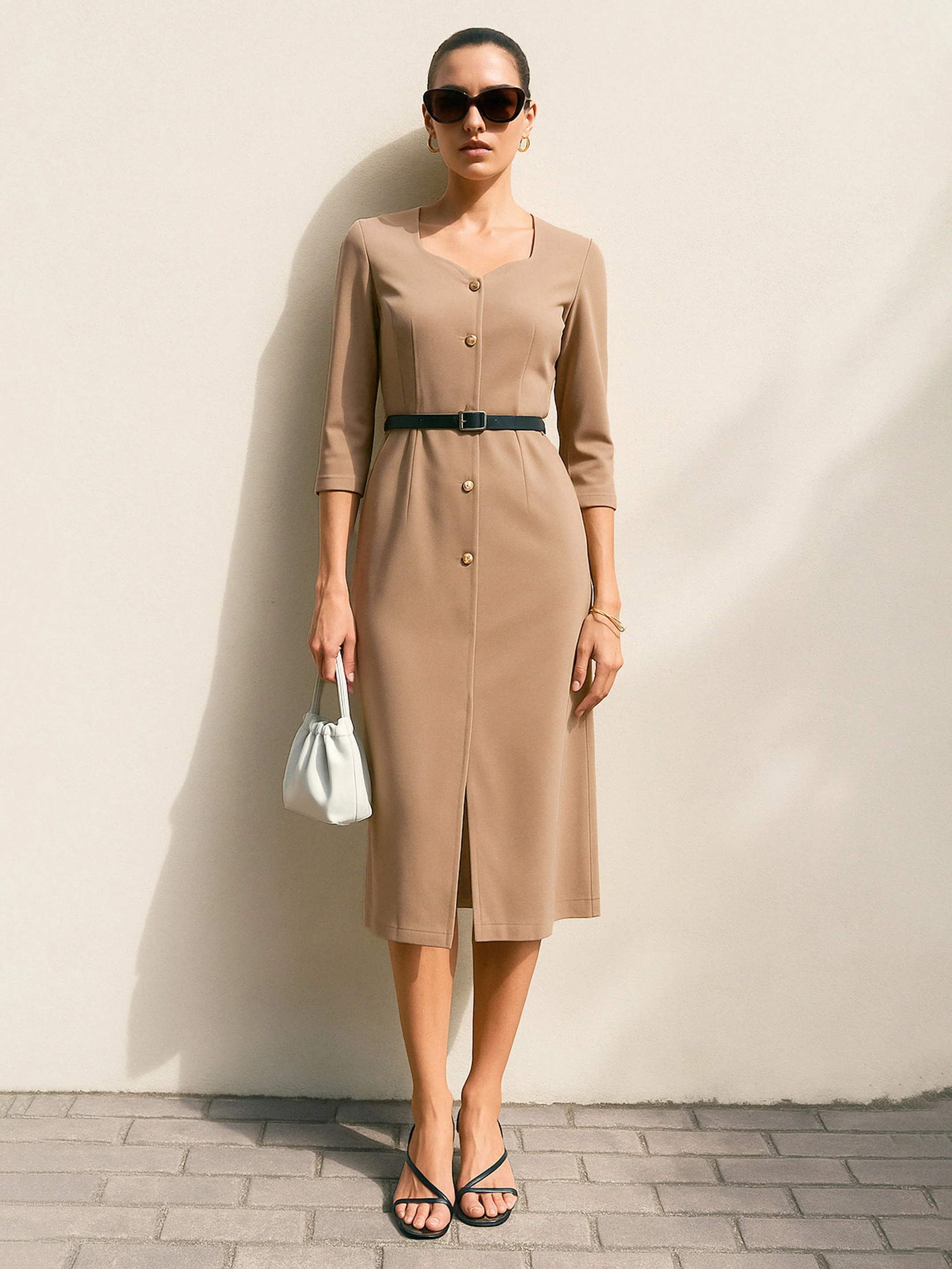 Women Beige Midi Dress With PU Belt