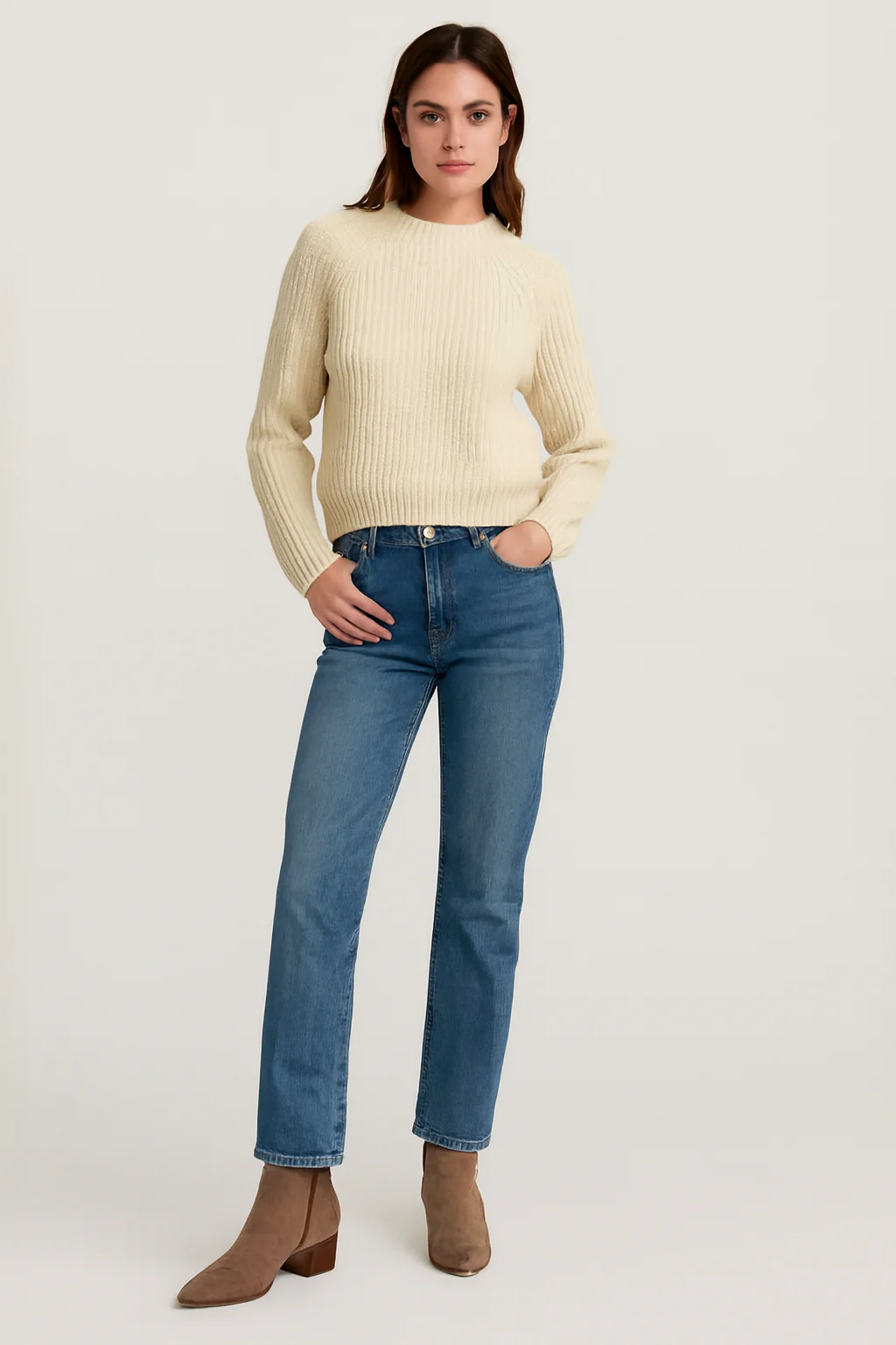 Women Beige Knit Sweater - Image 6