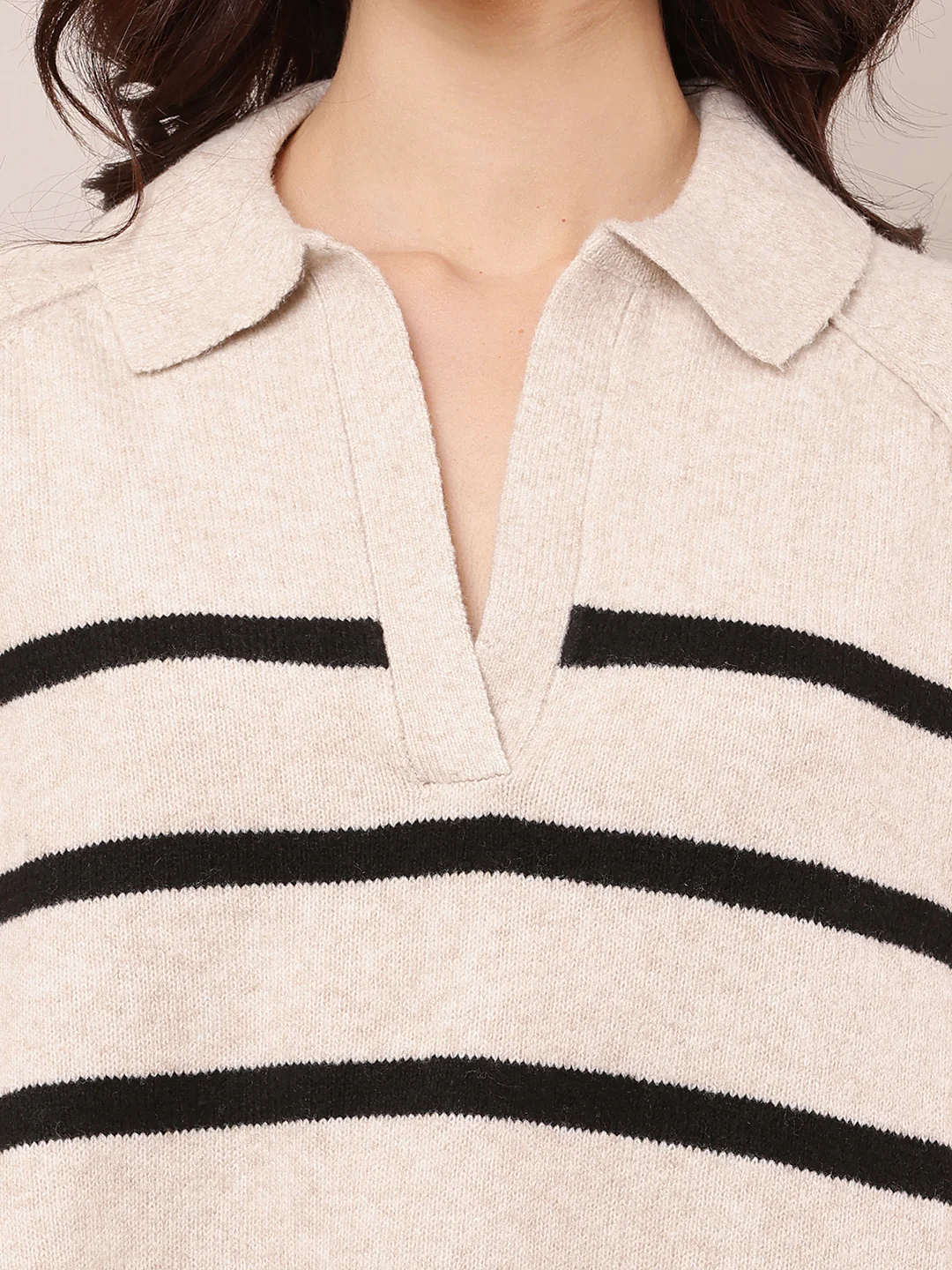 Women Beige Polyester V-Neck Baggy Sweater - Image 3