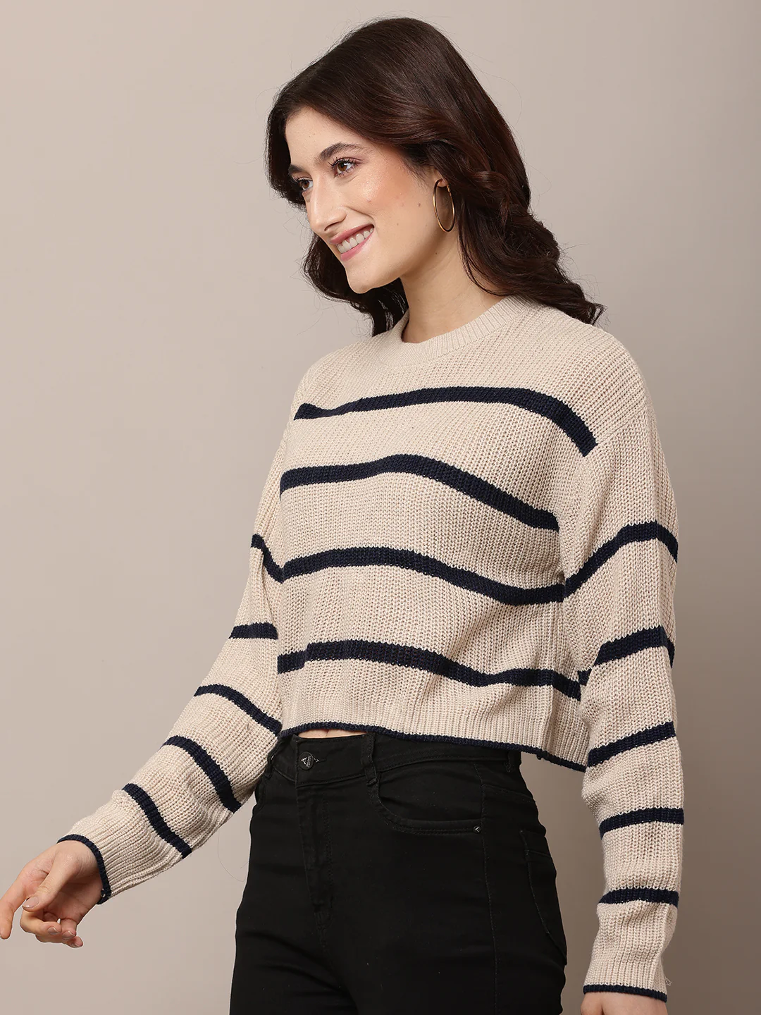 Women Beige Striped Round Neck Sweater - Image 2