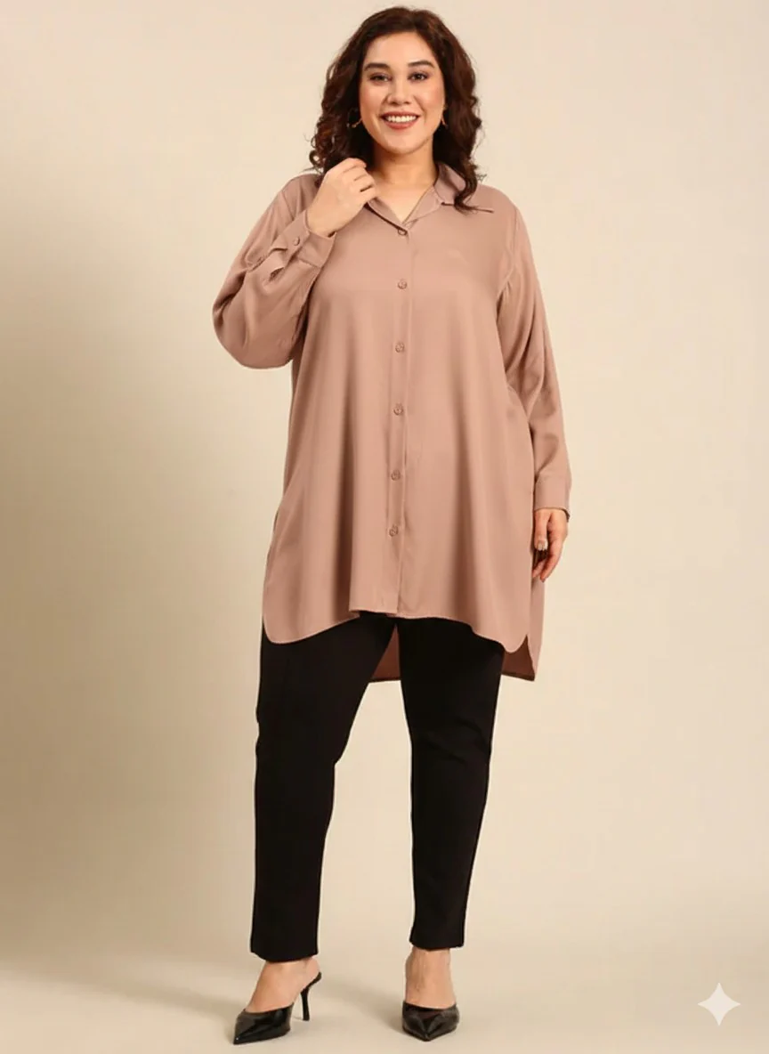 Women Beige Twill Long Line Shirt