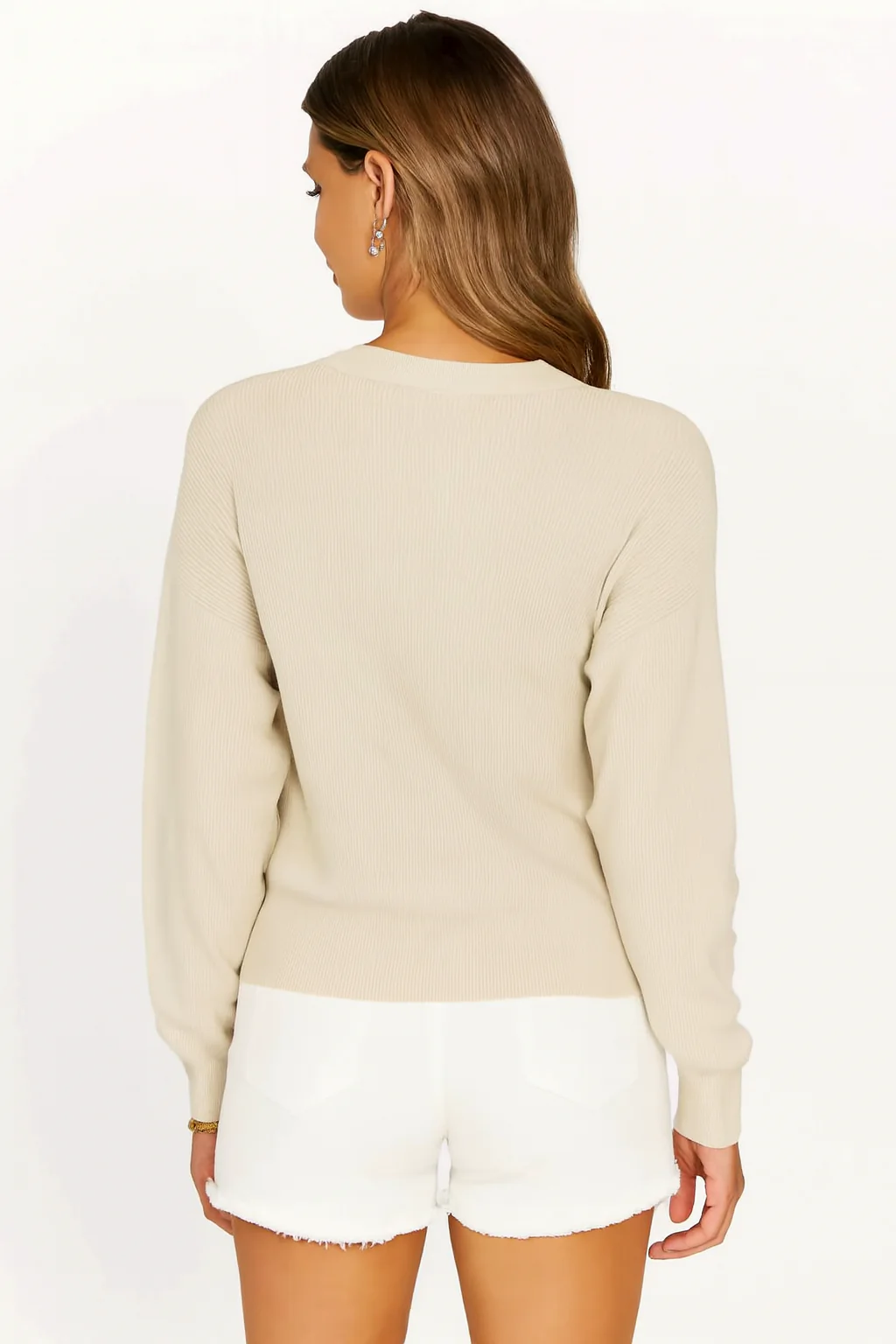 Women Beige V-Neck Button Down Sweater - Image 3