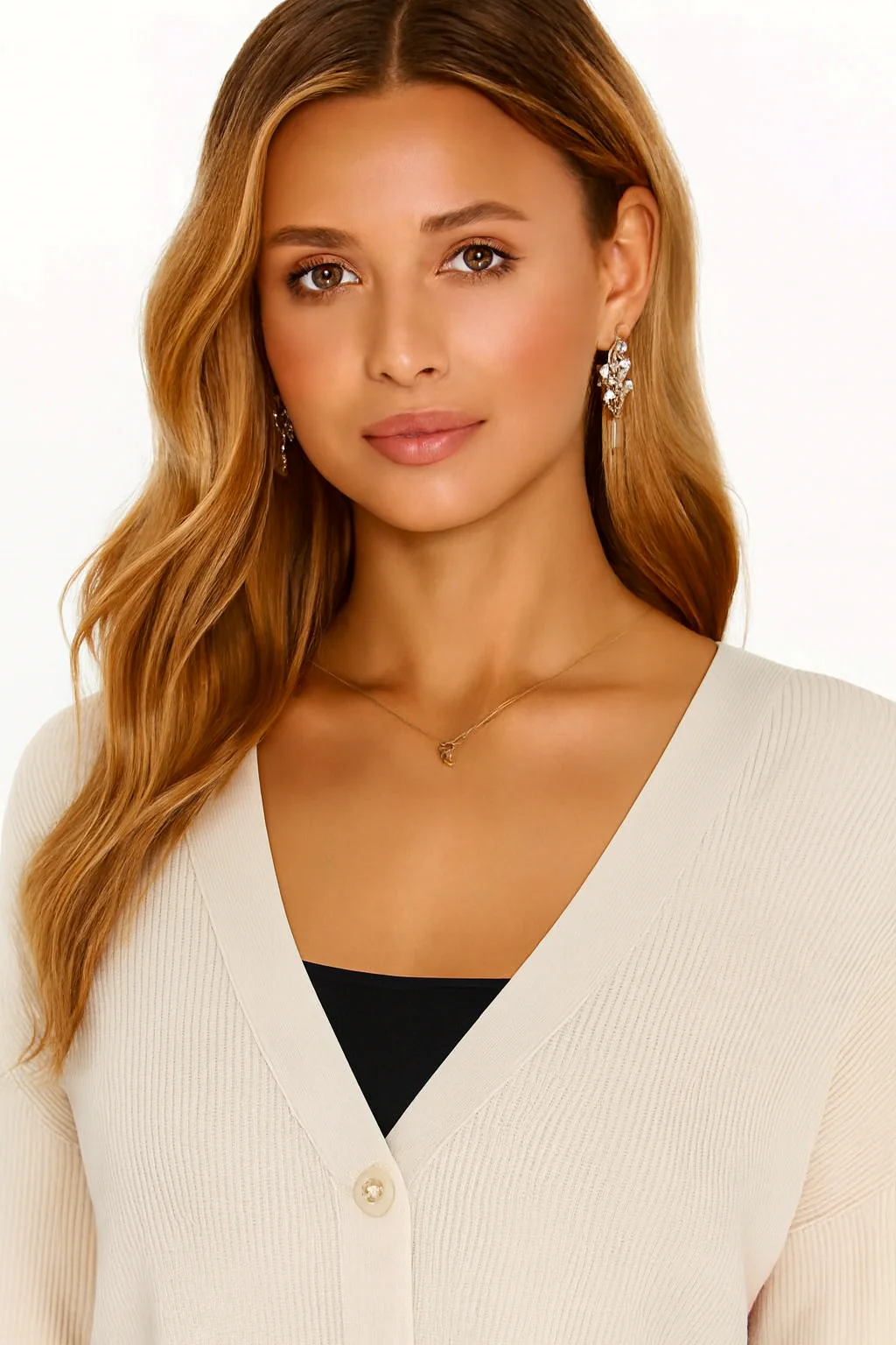 Women Beige V-Neck Button Down Sweater - Image 4