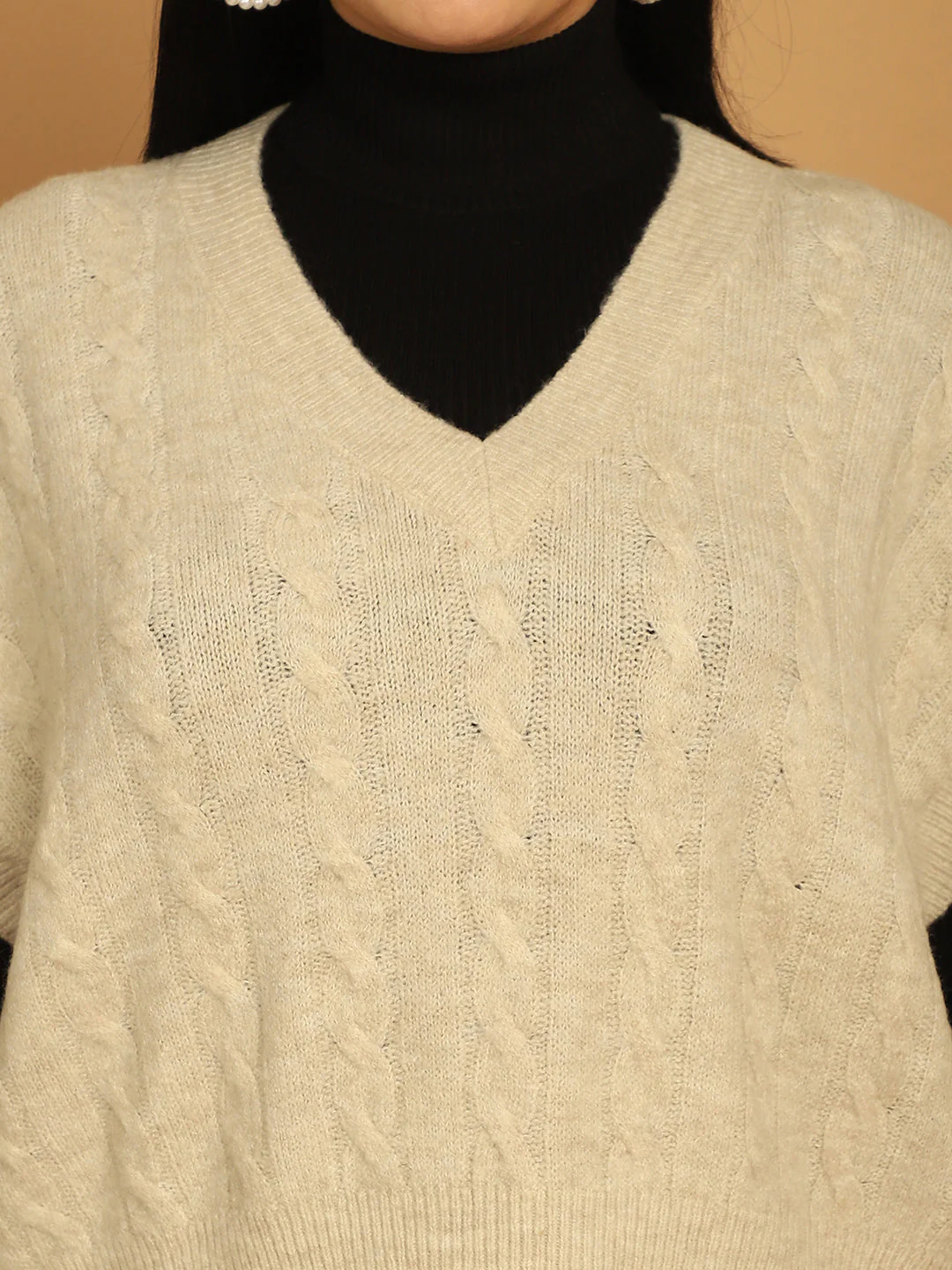 Women Beige V Neck Sweater - Image 6