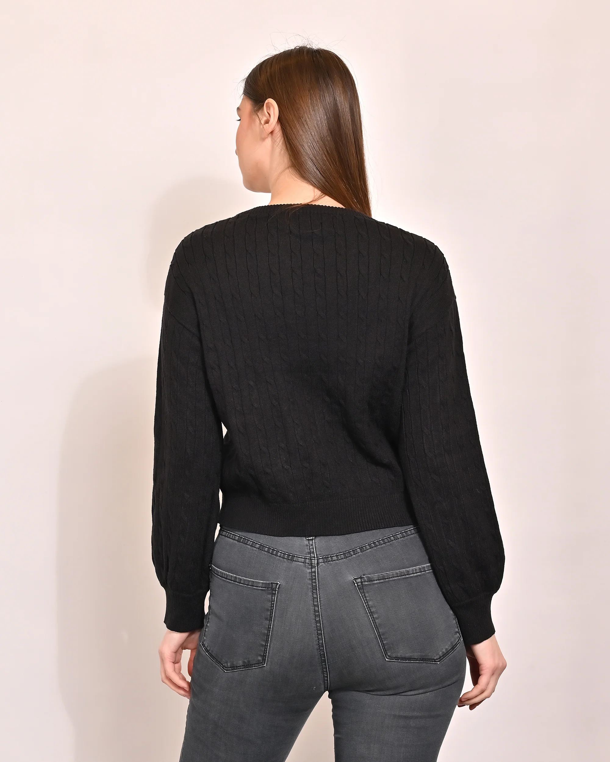 Women Black Acrylic Crop Sweater - Image 5