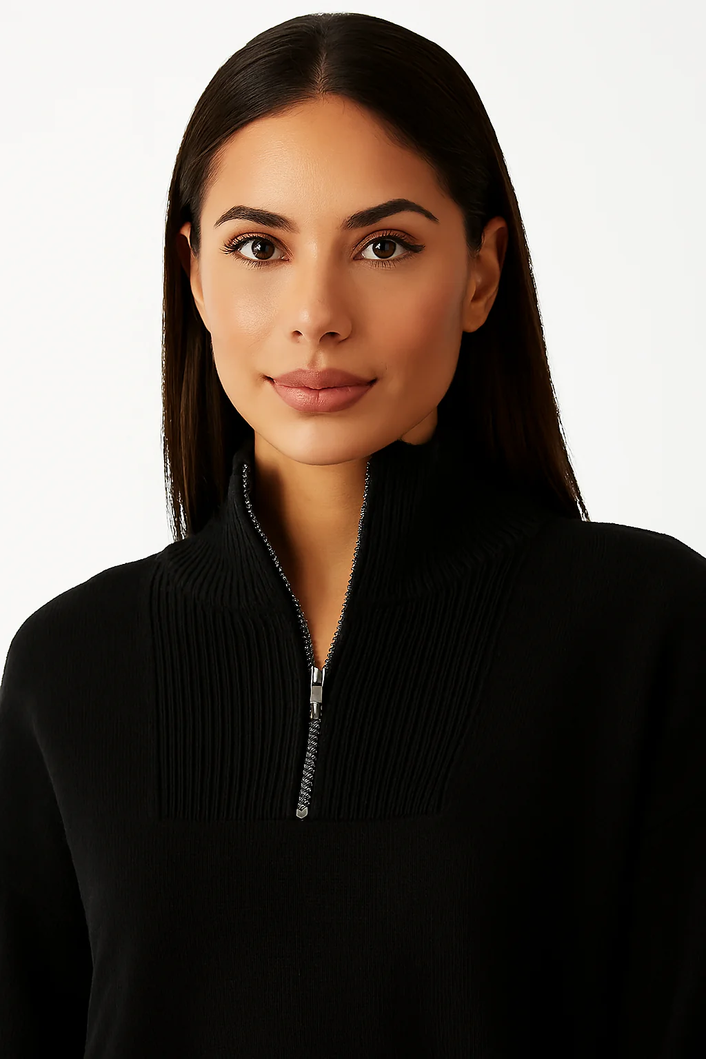 Women Black Acrylic Solid Zip-Front Sweater - Image 3
